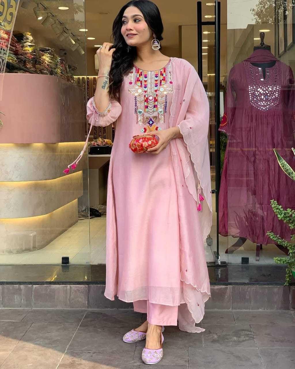 Chhaya Creatives Women's Cotton Mirror Work Embroidered Straight Kurti With Pant and Dupatta Set (Baby Pink-M)