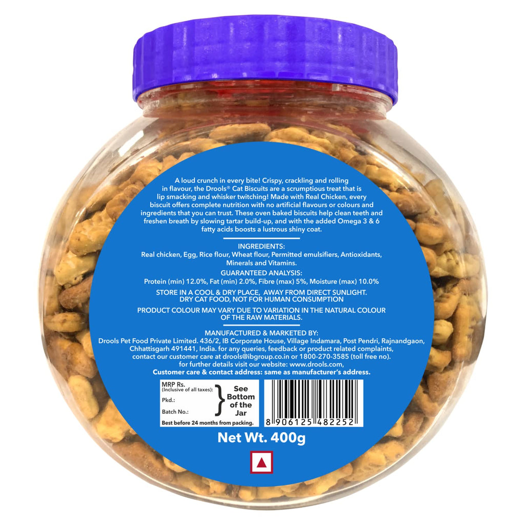 Drools Adult Cat Treat Biscuits 400g Jar | Real Chicken Flavour | Encourages Activity | Supports Oral Health | Training & Discipline