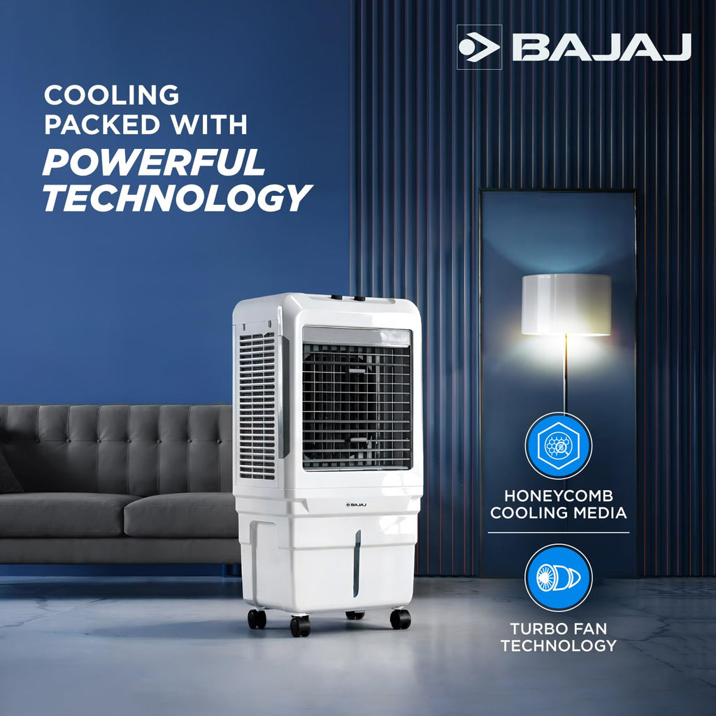 Bajaj DMH 85X 85L Desert Air Cooler | High Air Delivery with Turbo Fan Technology | 3-Side Honeycomb Cooling & 4-Way Swing | Inverter Compatible | 1 Year Warranty【White】
