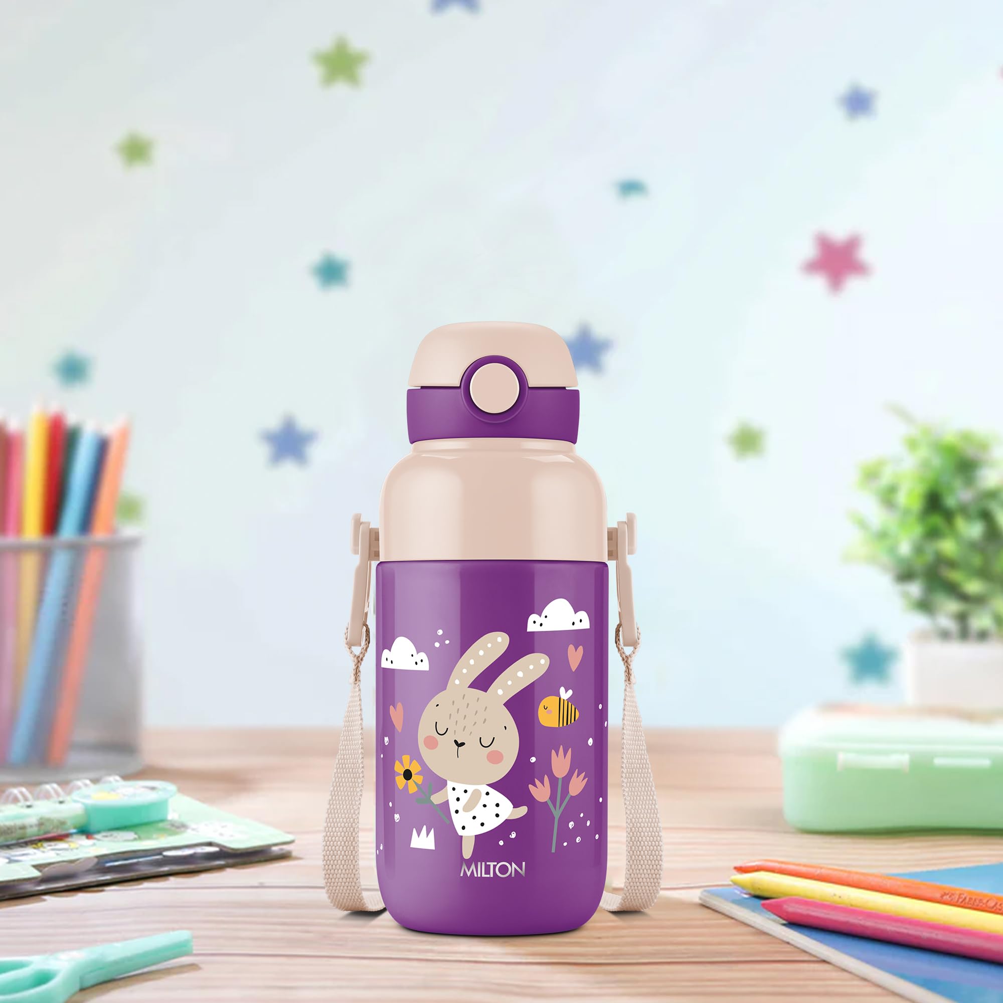 Milton Steel Indus 400 Thermoware PU Insulated, 390 ml Water Bottle with Straw for Kids, Leak Proof Flip Top Sipper Lid Bottle, School, Picnic, Easy to Carry Belt, Purple