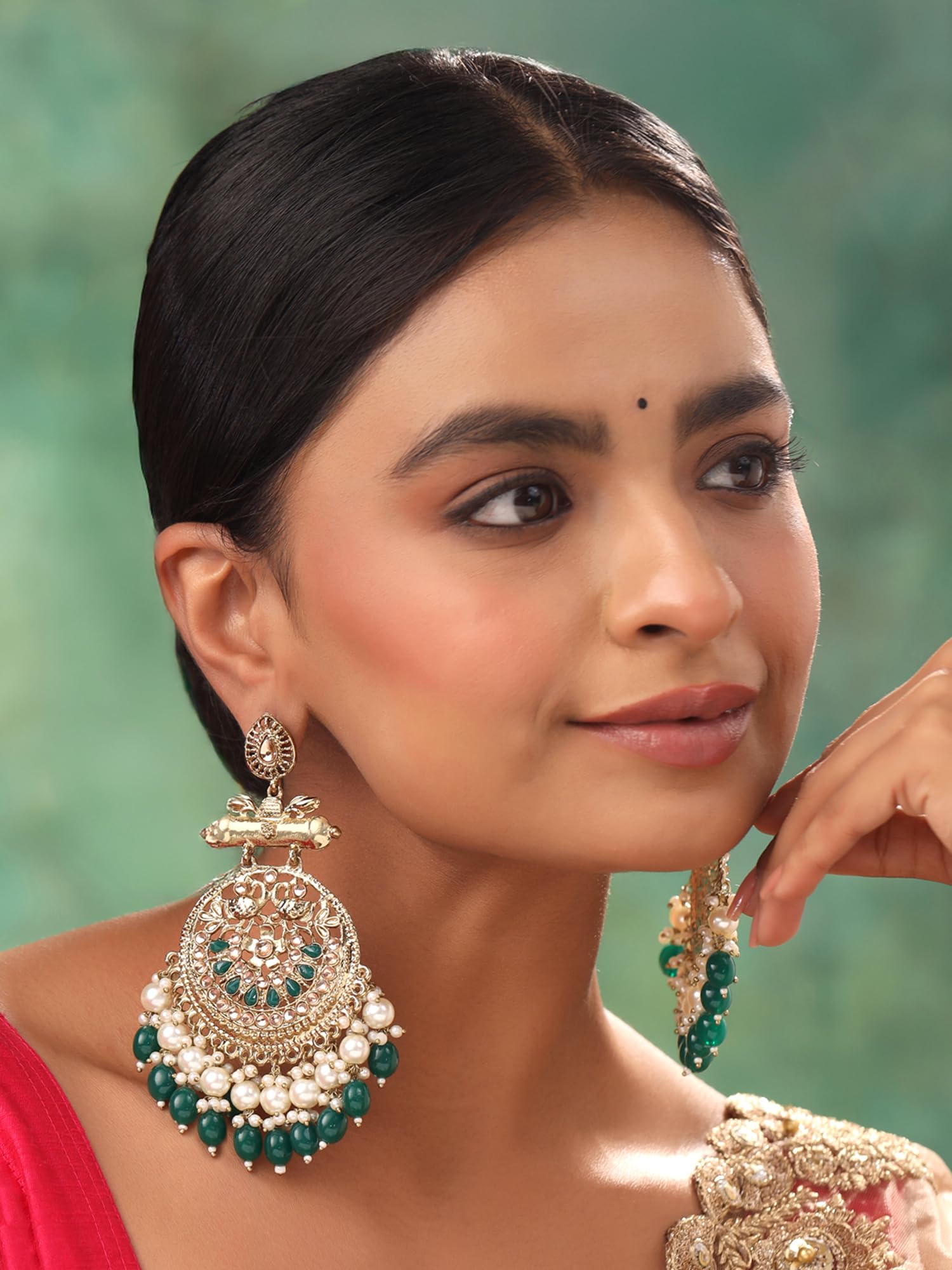 Yellow Chimes Ethnic Gold Plated Enamel Handpainted Design Stones Beads Traditional Chandbali Earrings for Women and Girls (Golden Green)