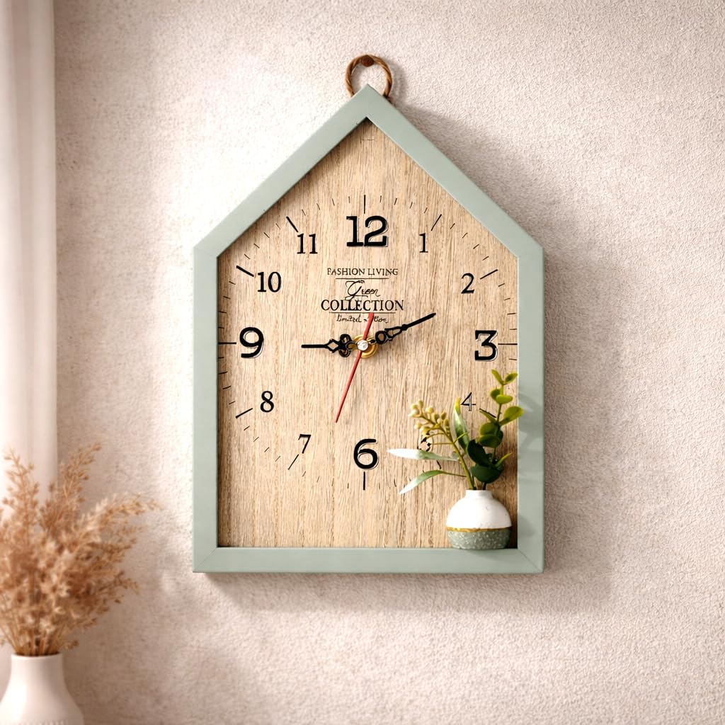 CraftVatika Wooden House Shape Wall Clock for Home Decoration | Decorative Analog Wall Clock with Mini Flower Vase | Modern Wooden Clock for Living Room Bedroom Office Interior