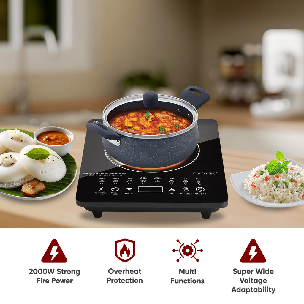 Cadlec CookXpert 2000W Induction Cooktop | Feather Touch Control | 8 Preset Menus | Auto Cut-Off | High Power Induction Stove | BIS Approved | Black | 2-Year Warranty