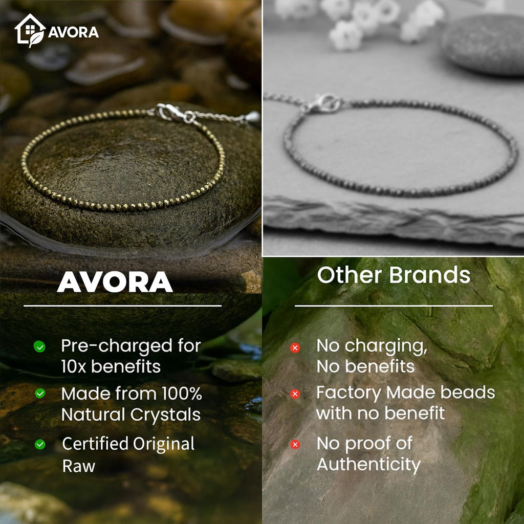AVORA Raw Pyrite Anklet for Women | Natural Stone Jewellery for Wealth, Luck & Protection | Certified Crystal | Spiritual Healing Jewellery Gift for Girls & Women | Adjustable Payal Bracelet