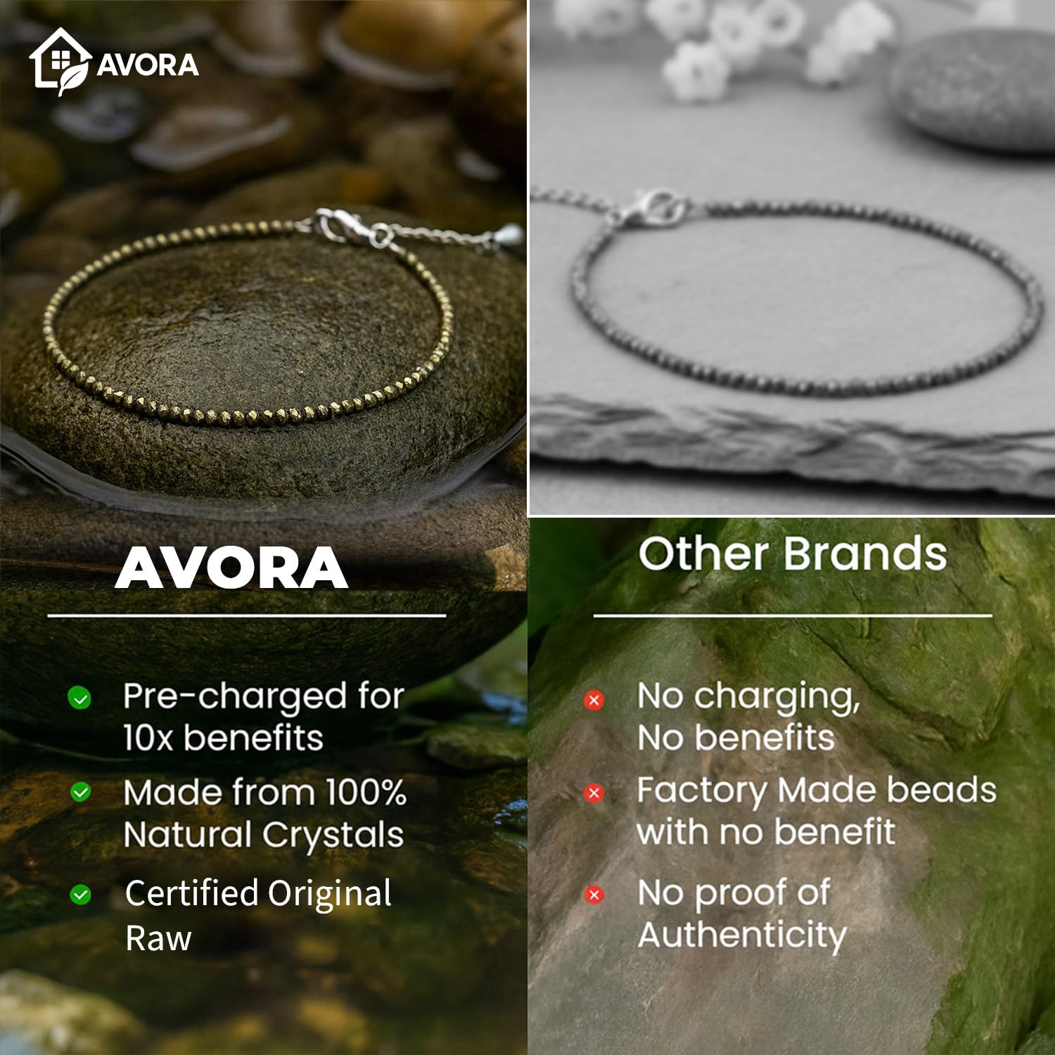 AVORA Raw Pyrite Anklet for Women | Natural Stone Jewellery for Wealth, Luck & Protection | Certified Crystal | Spiritual Healing Jewellery Gift for Girls & Women | Adjustable Payal Bracelet
