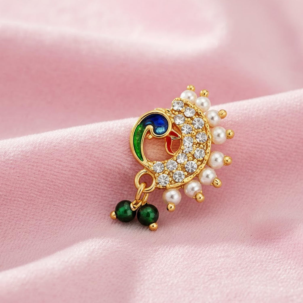 VAMA FASHIONS Gold Plated Maharastrian Marathi Nathni Pearl Nose Ring Pressing Nosepin Bridal Piercing Nosering Clip on Nath For Women (Maharashtrian Nose Pin)