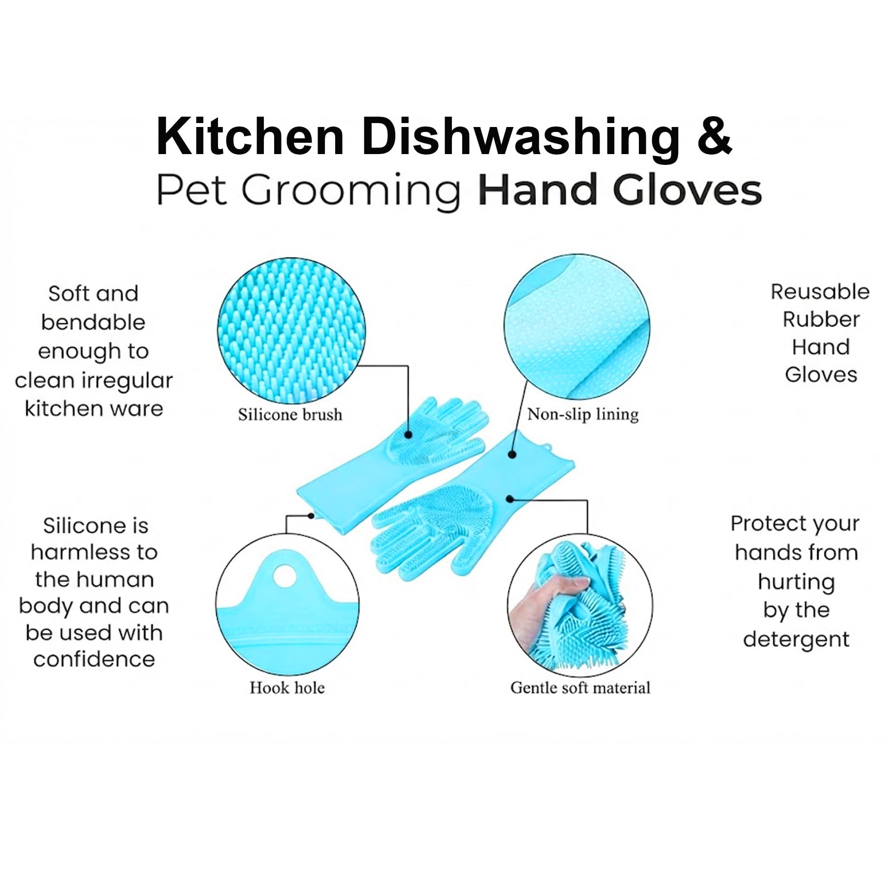 XJ LIVING Magic Silicone Dishwashing Gloves for Kitchen Cleaning, Reusable Silicone Hand Gloves for Dish Wash, Car Wash, Bathroom Cleaning & Pet Grooming (Multicolour, 1 Pair)
