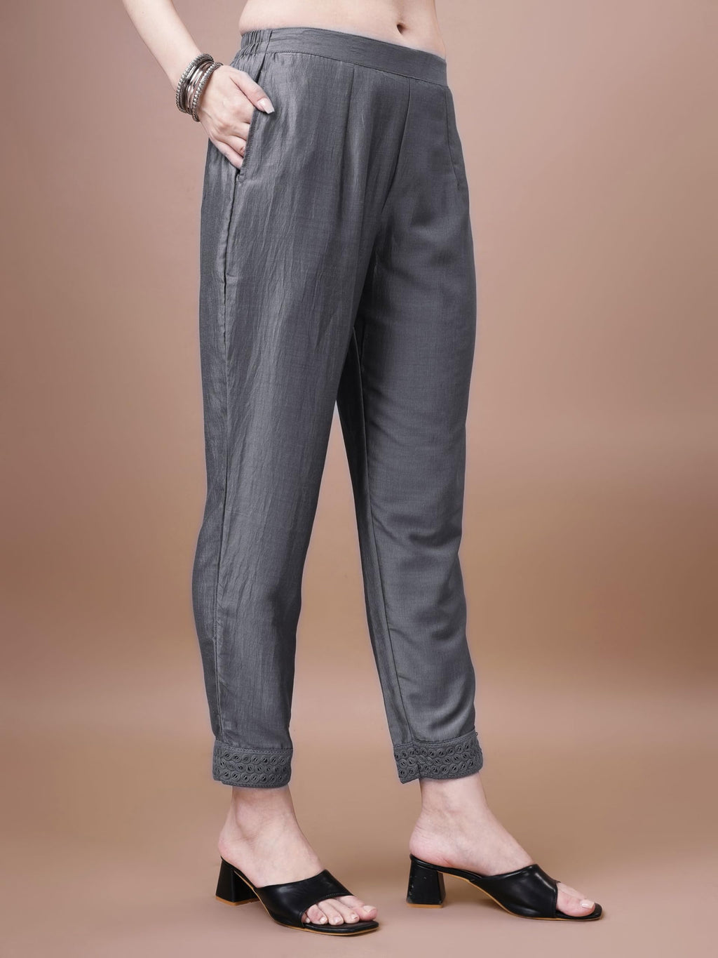SHOPPING QUEEN Women's Silk Chikankari Kurta Pant with Dupatta (A526_Dim Grey_M)