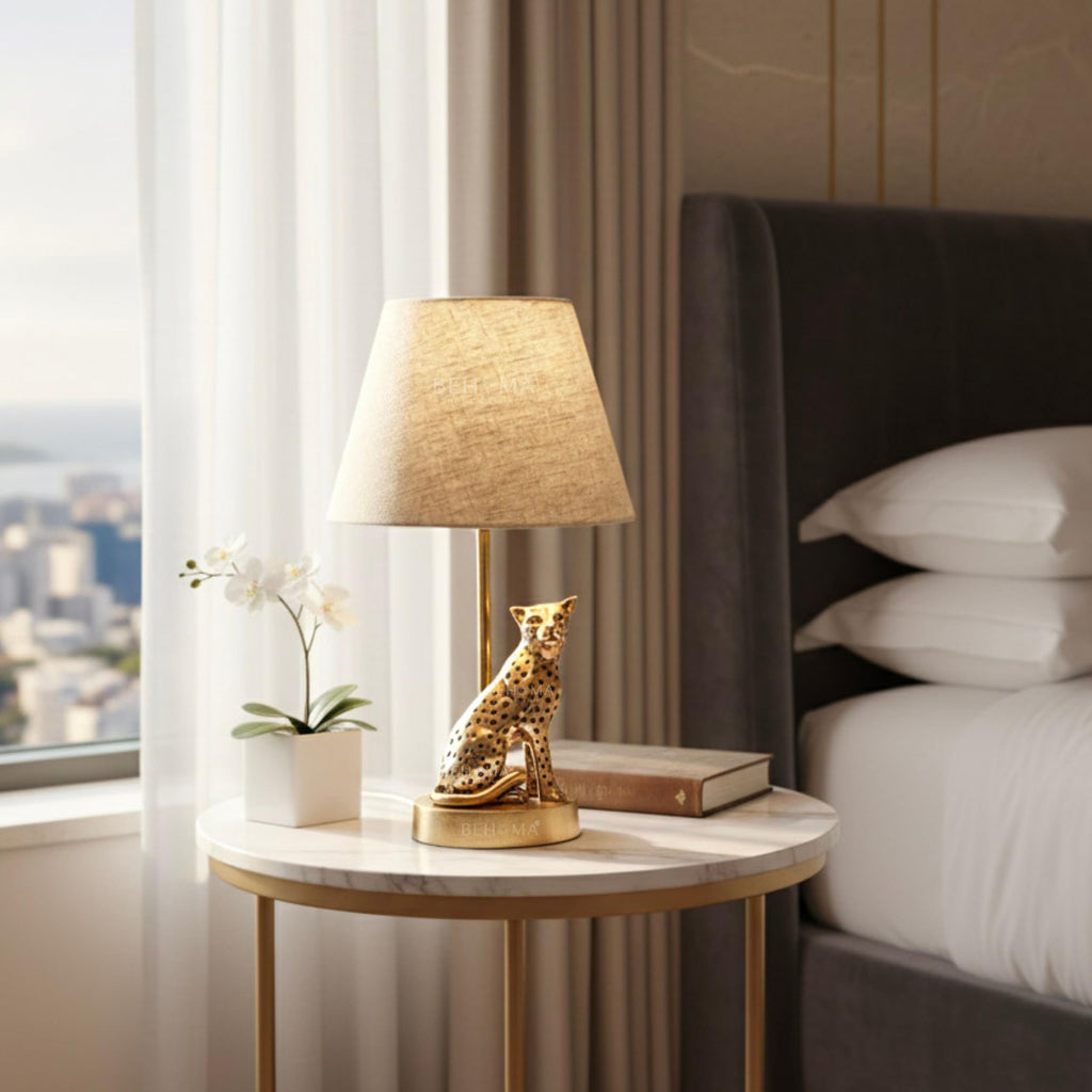 BEHOMA Luxury Jaguar Figurine Table Lamp with Antique Gold Aluminium Base & Fabric Shade | Elegant Home & Office Decor | Gift for Men, Kids, Housewarming Anniversary & Birthday (Bulb Not Included)