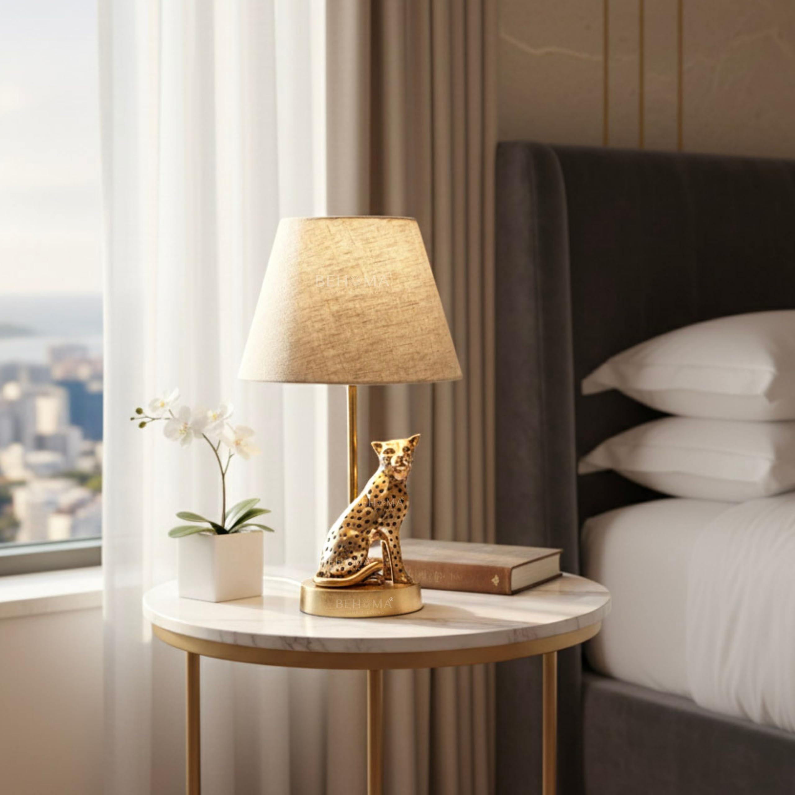 BEHOMA Luxury Jaguar Figurine Table Lamp with Antique Gold Aluminium Base & Fabric Shade | Elegant Home & Office Decor | Gift for Men, Kids, Housewarming Anniversary & Birthday (Bulb Not Included)