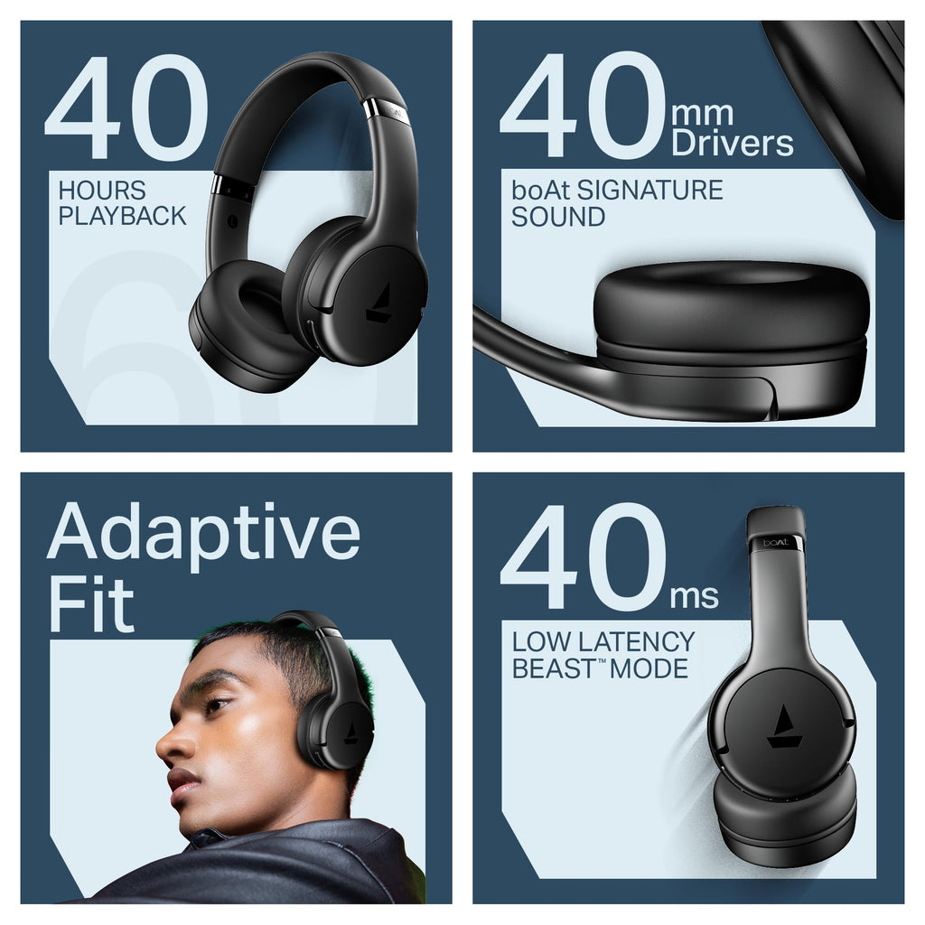 Boat Rockerz 411, 40Ms Low Latency, 40Hrs Battery, 40Mm Drivers, ENx Tech, Stream Ad Free Music via App Support, Bluetooth Headphones, Wireless Over Ear Headphone with Mic (Active Black)