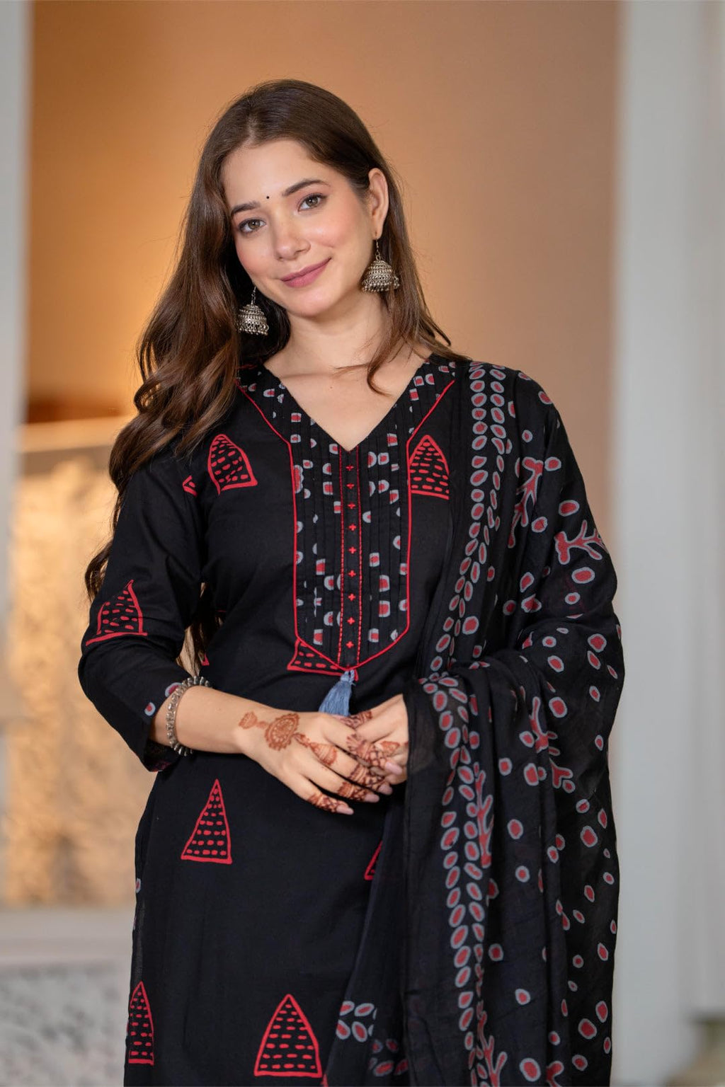 PARTHVI Women's Pure Cotton Printed Straight Kurta Set with Palazzo Pants & Dupatta- Ethnic Wear, Black