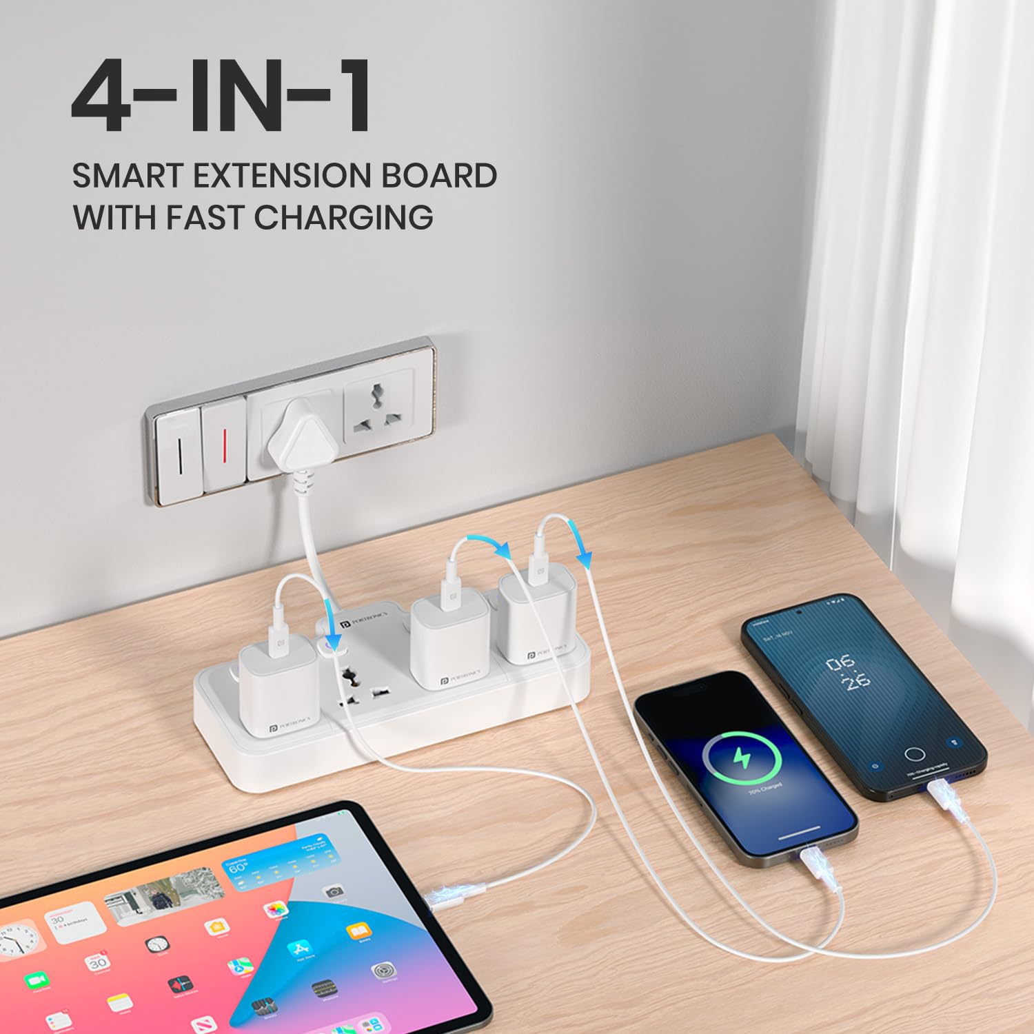 Portronics 2500W Power Plate Pro 4-in-1 Power Extender with 4 Universal Sockets, Individual Switches, 180° Flexible Cord, Child Safety Shutters, for Home, Office, Laptops, Mobiles & Appliances