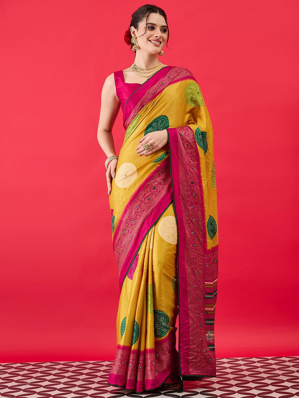AKHILAM Women's Bandhani Printed Chiffon Saree with Blouse