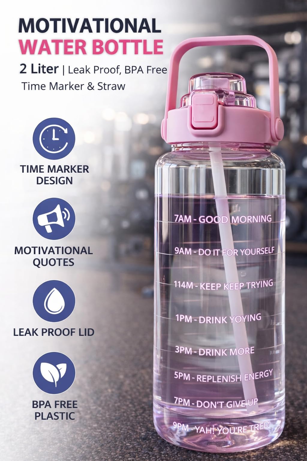 Motivational Water Bottle 2 Litre with Time Marker | Leak Proof BPA Free Gym Bottle | Sports Drinking Bottle with Straw & Handle for Office, Gym, School