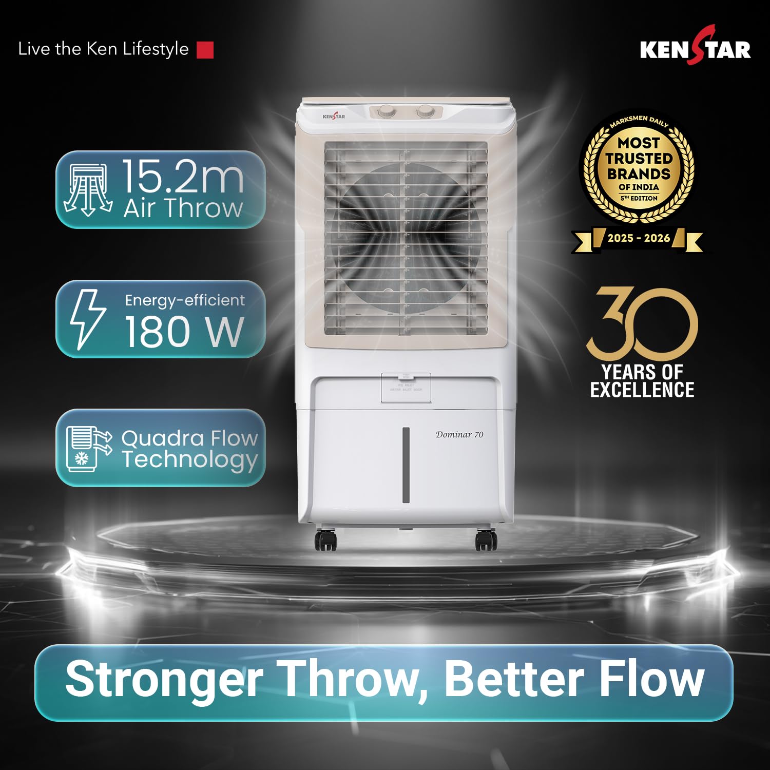 Kenstar Dominar HC 70 Desert Air Cooler|70L Tank|5-Star BEE Rated|5-Year Warranty on Pump & Motor|50 ft Air Throw|Honeycomb Cooling Pads|Ice Chamber|Water Level Indicator I 16-Inch Fan I White & beige