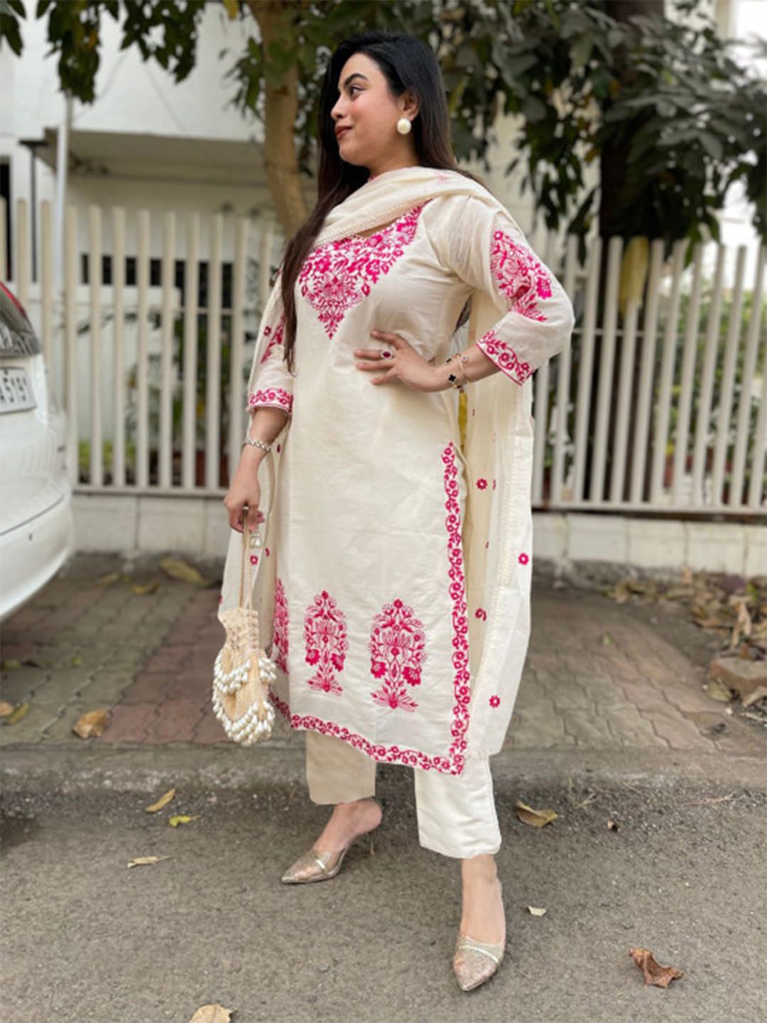 GoSriKi Women's Rayon Viscose Embroidered Straight Kurta with Pant & Dupatta (JIVANTA Cream-GS_L_Cream_Large)