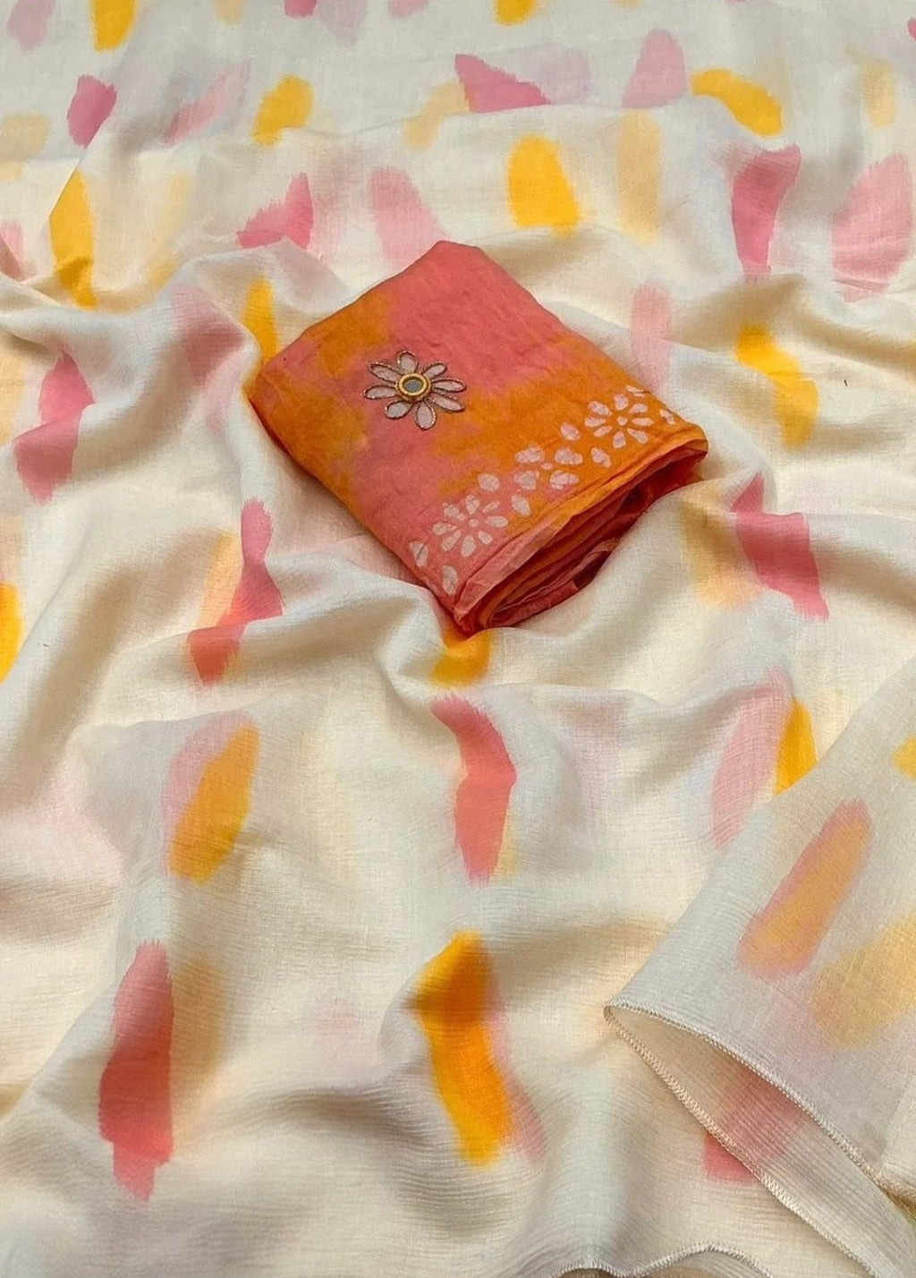 RADHIKA SAREES Pure Linen Cotton Paint Saree with Cotton Handwork Blouse, Lemonish White, Floral Embroidery