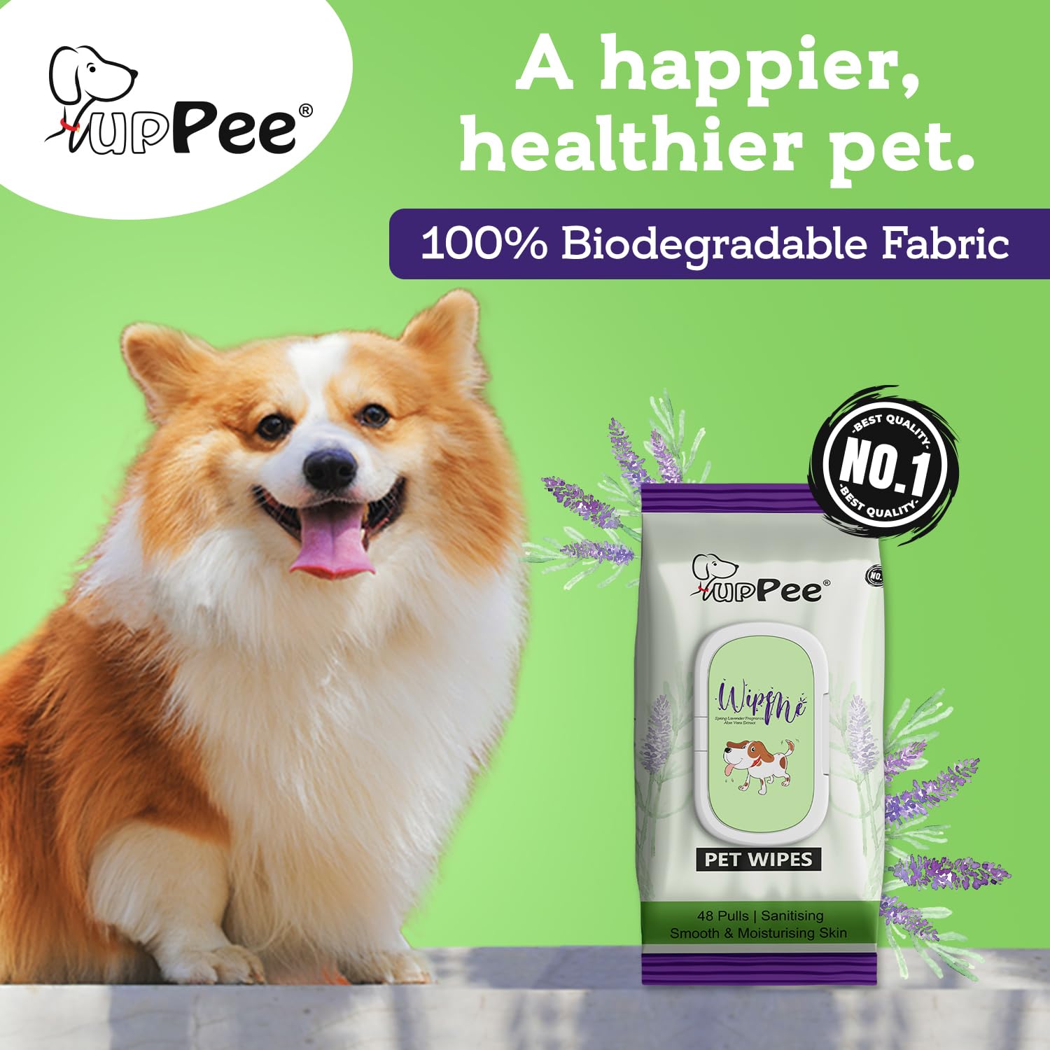 PUPPEE Wipe ME 100% Biodegradable 96 Count (Pack of 2) Wet Wipes for Dogs, Cats & All Pets | Lavender Essential, Vitamin E & Olive Oil | Anti-Bacterial | Cleansing, Deodorising & Grooming Wipes
