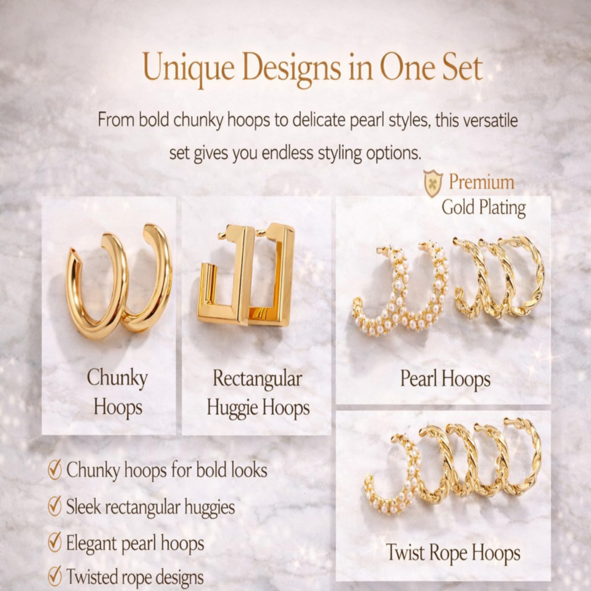 Mee&Mine Gold Hoop Earrings Set for Women (5 Pairs) – Chunky, Twisted, Pearl Hoop Earrings Combo, Trendy Gold Plated Earrings Set, Stylish Everyday Jewelry for Girls & Women