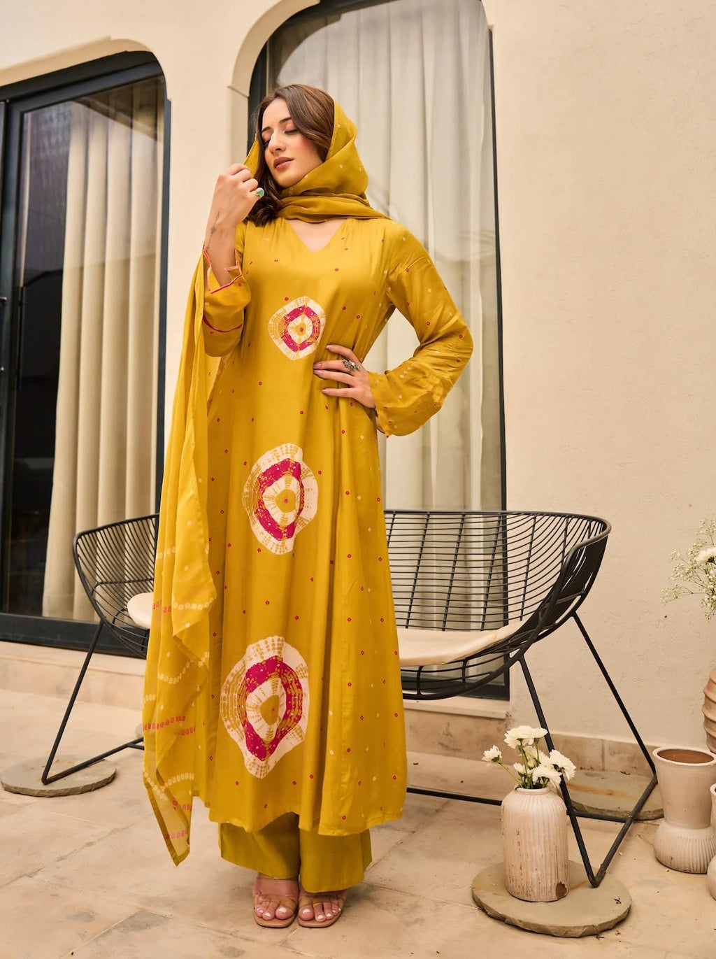 Nermosa Women Pure Cotton Kurta Pant Dupatta Set | Summer Friendly Ethnic Suit Set for Women | V-Neck Printed Kurti with Matching Pants & Dupatta | Casual & Office Wear (IN, Alpha, 2XL, Yellow)