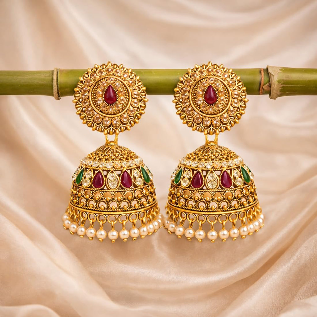 Gold Plated Kundan Pearl Jhumka Earrings for Women,Traditional Indian Bridal Ethnic Earrings for Wedding, Festive & Party, Pack of 1