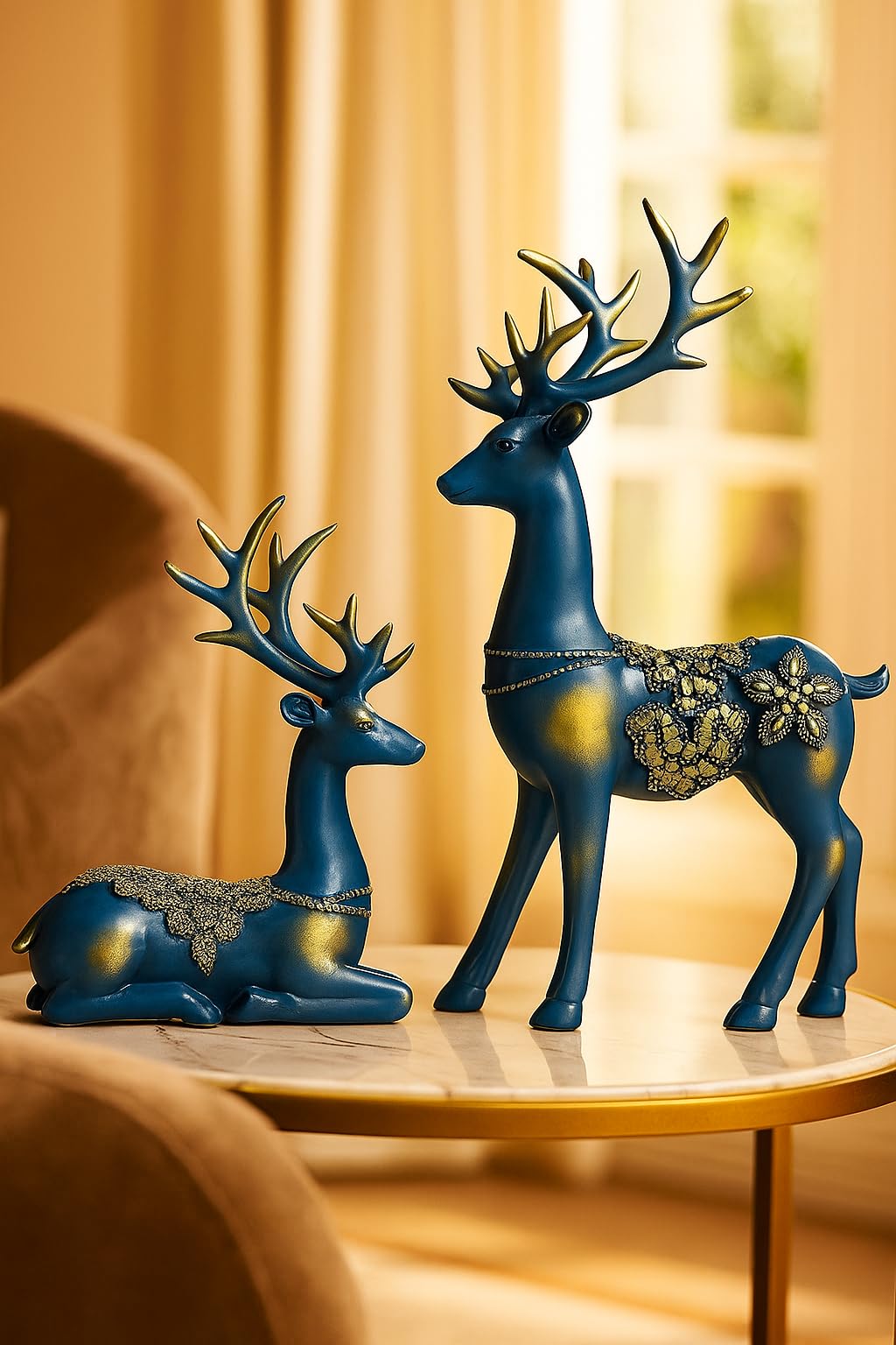 Xtore Creative Resin Golden Reindeer Sculptures | Beautiful Home Decor | Lifts up Energy of Your Room - (Pack of 2, Blue)