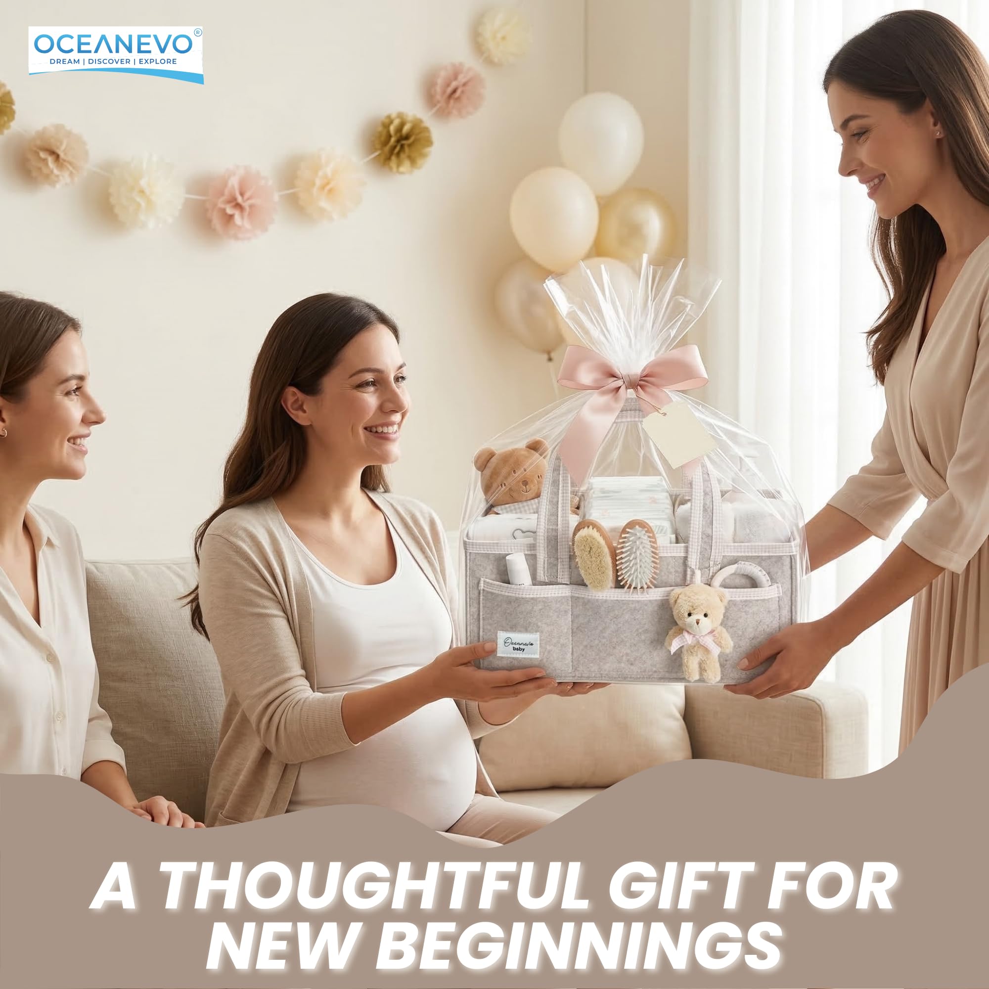OCEANEVO Cute Felt Diaper Caddy Organiser Bag WITH Luggage Tag AND Bear Charm, Baby Basket for New Born Baby Essential Products with Compartments and Handle - 41 x 25 x 18 Cm - Beige - 1 Year Warranty