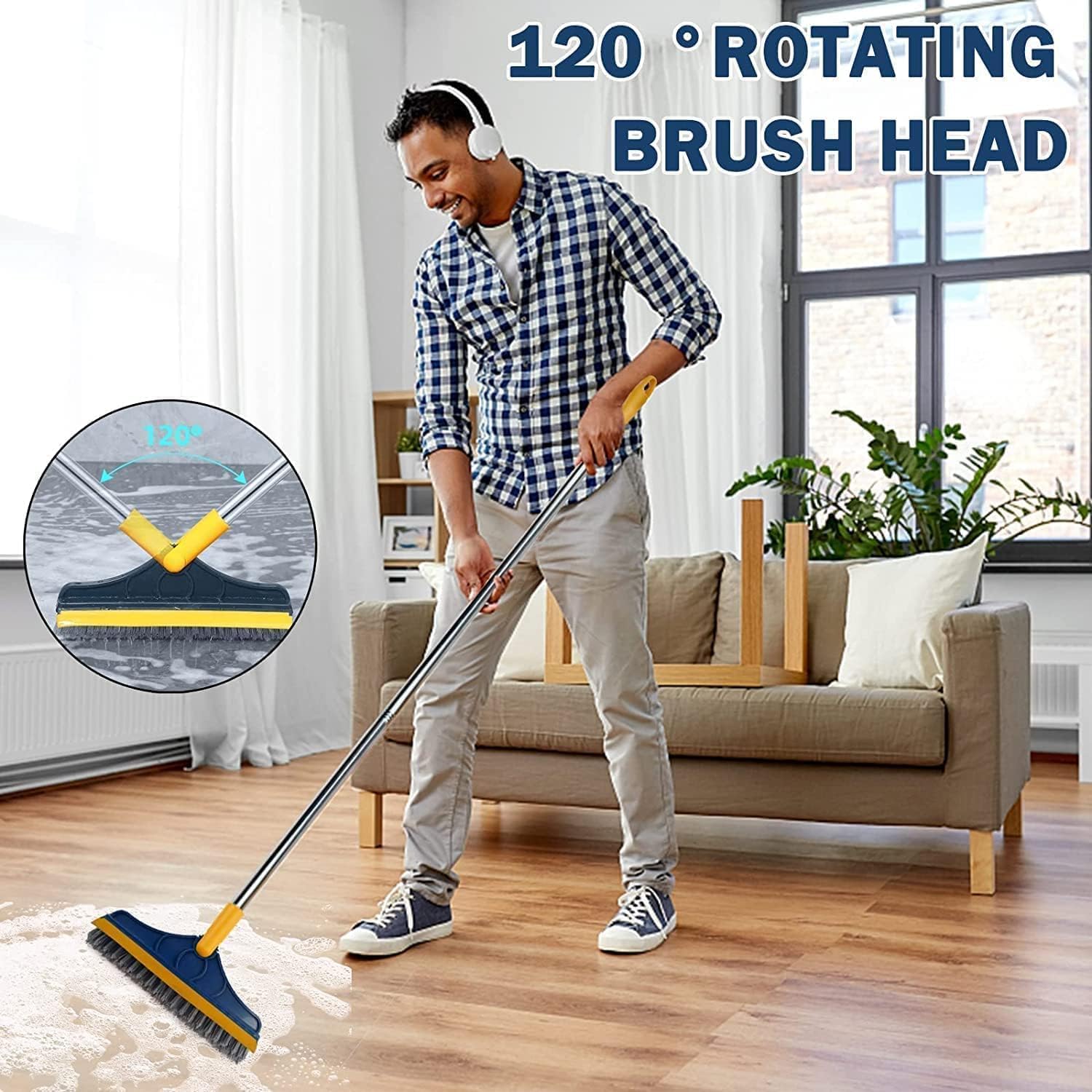 YETI 3-in-1 Bathroom Cleaning Brush with Wiper - Bathroom Cleaning Brush Long Handle 180° Rotate Toilet Brush Bathroom Tiles Cleaning, Wiper Floor Scrub for Kitchen Bathroom Cleaning