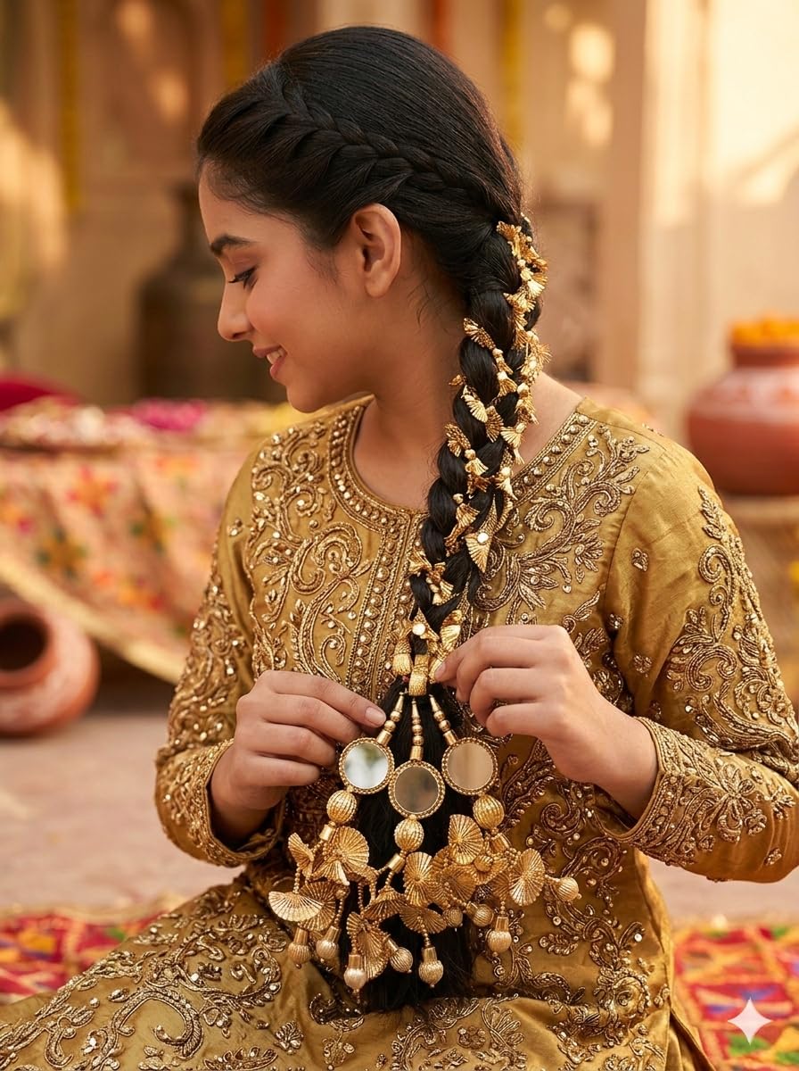 Golden Lace Paranda with Mirror Embroidery, Traditional Hair Braid Accessory for Women