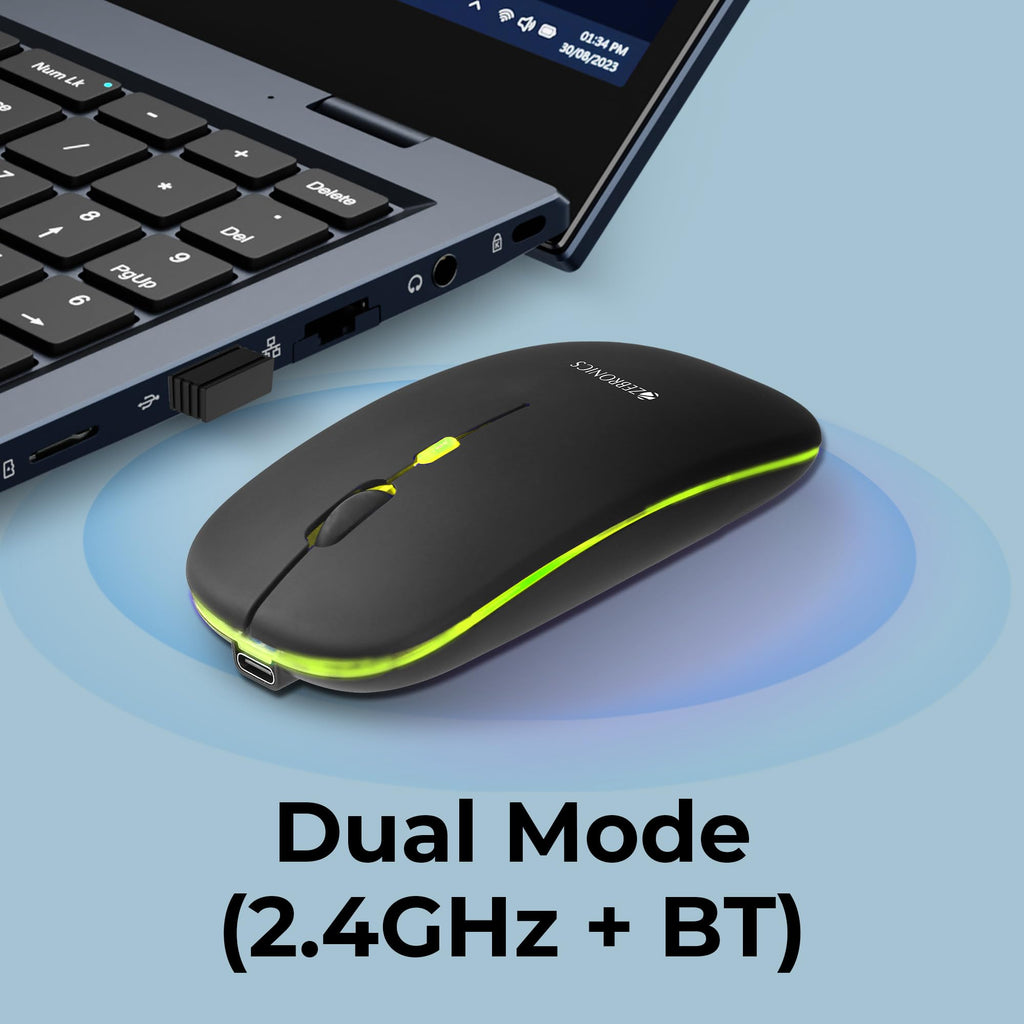 ZEBRONICS Blanc Slim Wireless Mouse with Rechargeable Battery, BT + 2.4GHz, 4 Buttons, 800/1200/1600 DPI, Silent Operation, Multicolor LED Lights