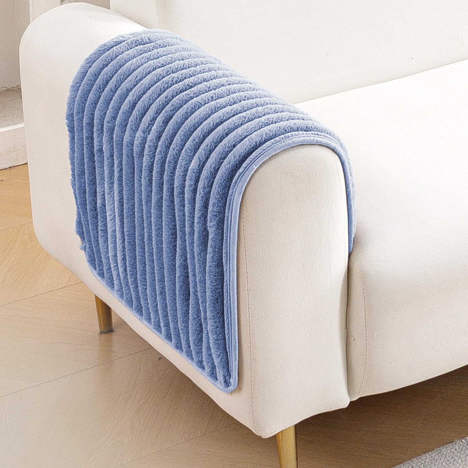 HOKIPO Faux Rabbit Fur Sofa Armrest Covers with Anti-Slip Backing| 1 Pair|Snuggle Fur Denim Blue (AR-6341-BL*2)