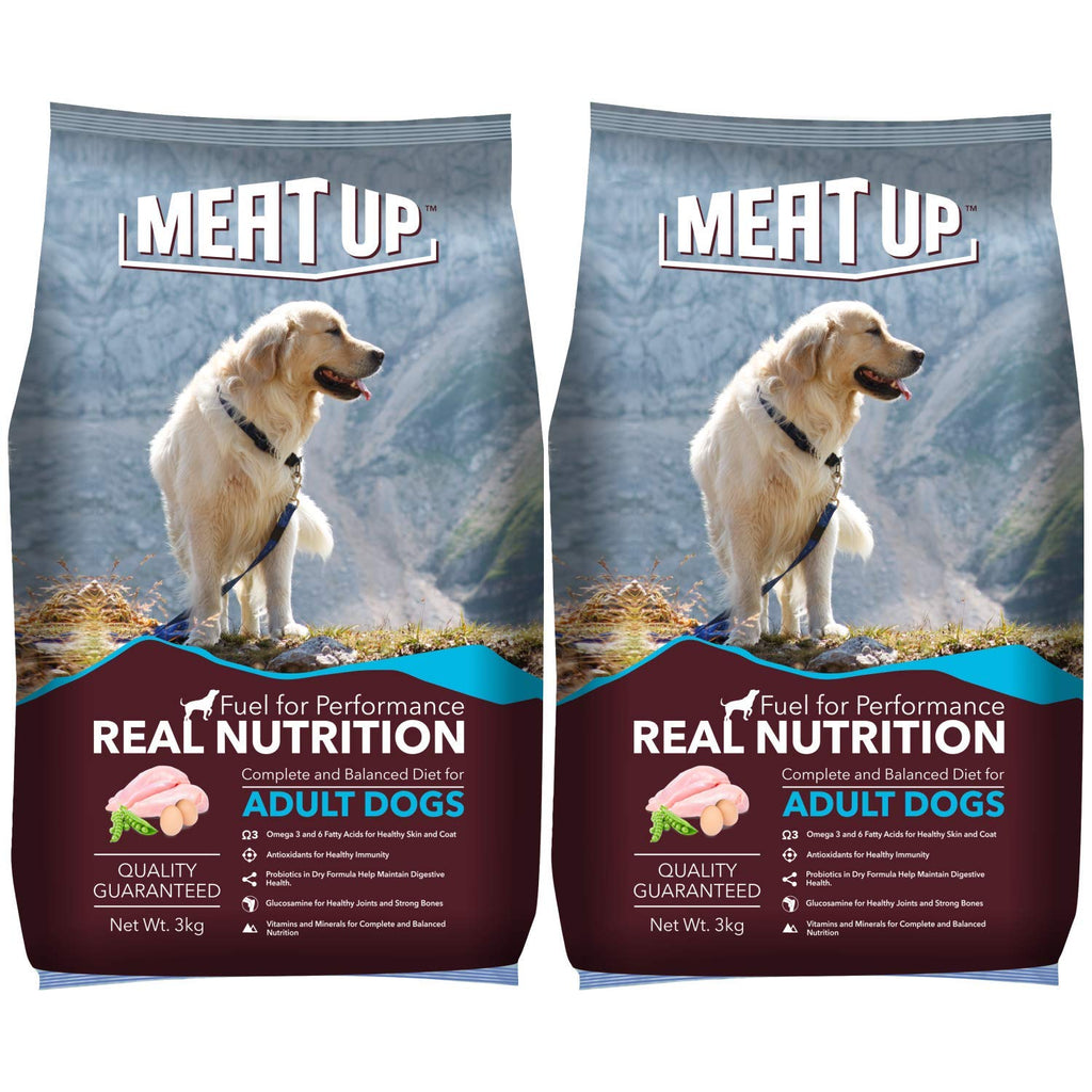 Meat Up Adult Dry Dog Food 6kg (3kg + 3kg) | Chicken Flavour | Glucosamine for Healthy Joints & Bones | Enriched with Vitamins & Minerals | Supports Digestive Health