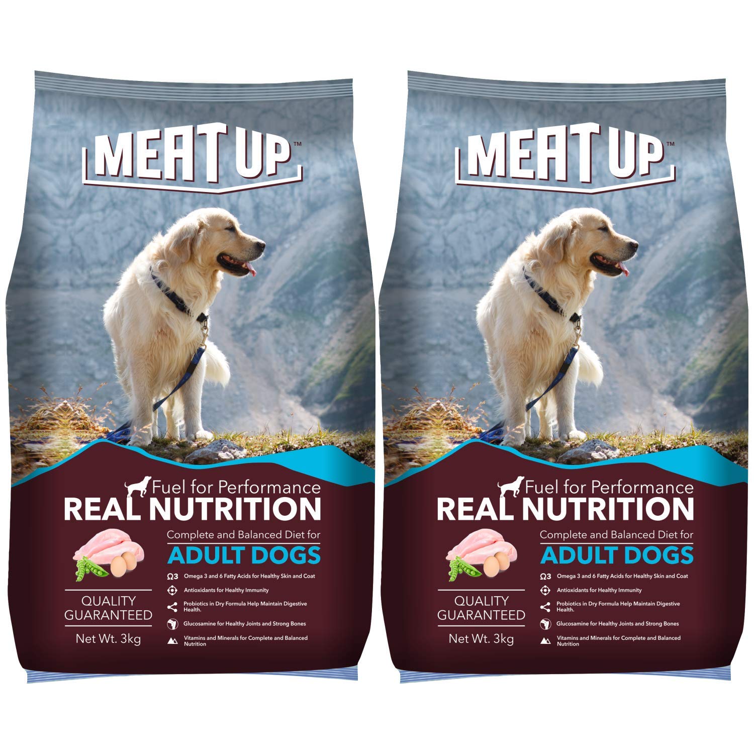 Meat Up Adult Dry Dog Food 6kg (3kg + 3kg) | Chicken Flavour | Glucosamine for Healthy Joints & Bones | Enriched with Vitamins & Minerals | Supports Digestive Health
