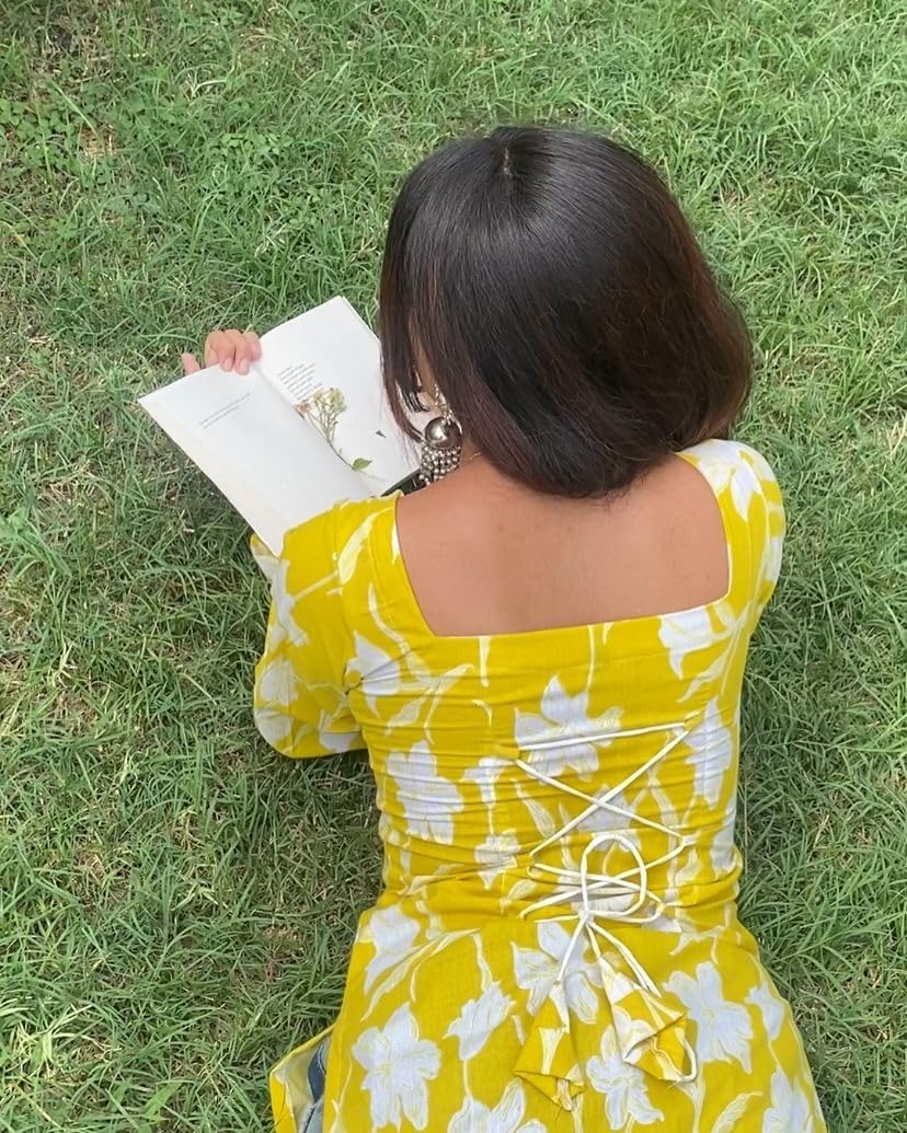 ALENJAN Rayon Floral Print Short Kurti for Women | Square Neck Long Sleeve Top for Women | Criss Cross Back Desing Kurti | Soft Breathable Fabric | Relaxed Fit | Casual and Office Wear | Mustard | M