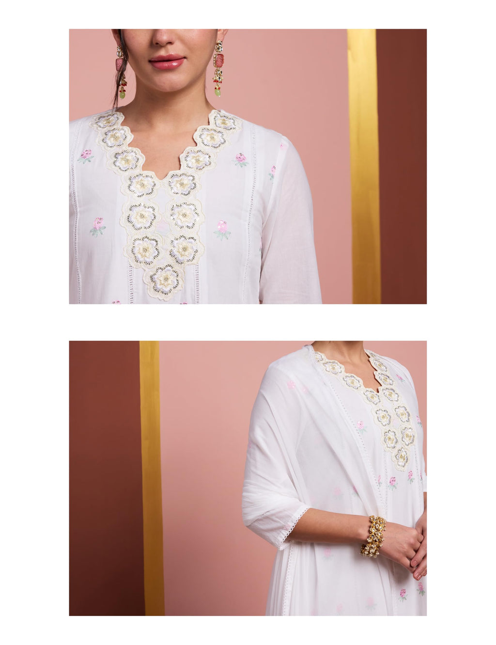 Amazon Brand - Myx Women's Pure Cotton A-Line 3 piece Schiffli Suit Set (Available in Plus Sizes) (SS26-MYX-SUR-SKD-01 (A)_White_M)