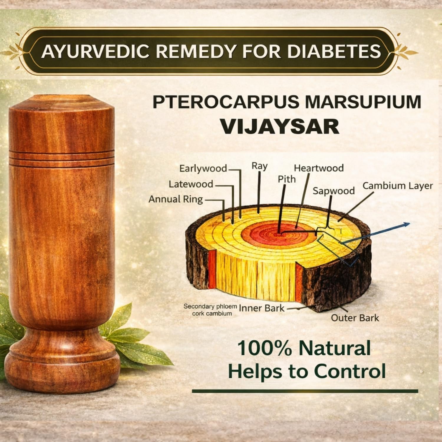 Vijaysar Ki Lakdi Ka Glass 100ml | Ayurvedic Wooden Tumbler for Sugar Balance, Digestion & Wellness | Natural Bija Wood Glass for Detox Water | Handmade Durable No Chemicals No Side Effects