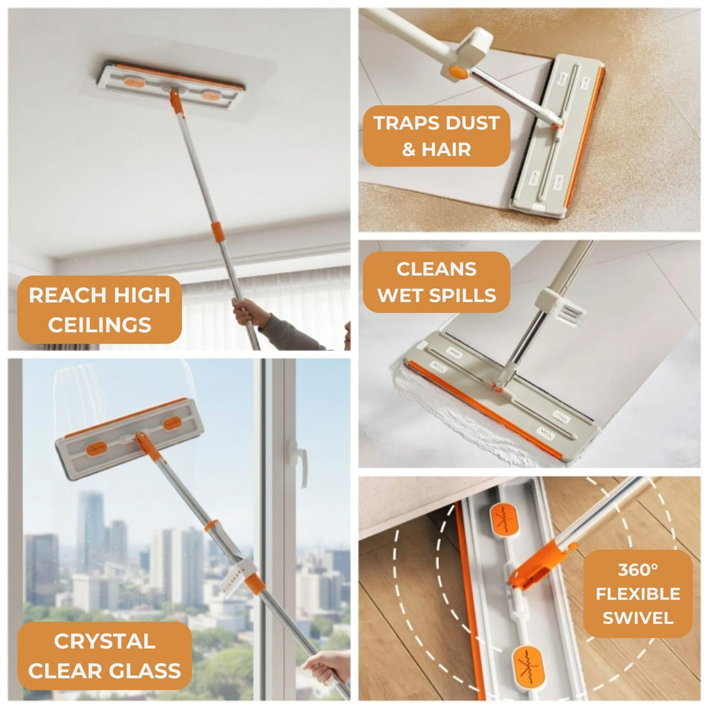 JAPERO Flat Mop for Floor Cleaning with 3 Refill Pads, Microfibre Mop for Home with 360° Swivel Head, Hands-Free Slider Squeeze, Bucket-Less Design, Wet & Dry Floor Cleaning Mop