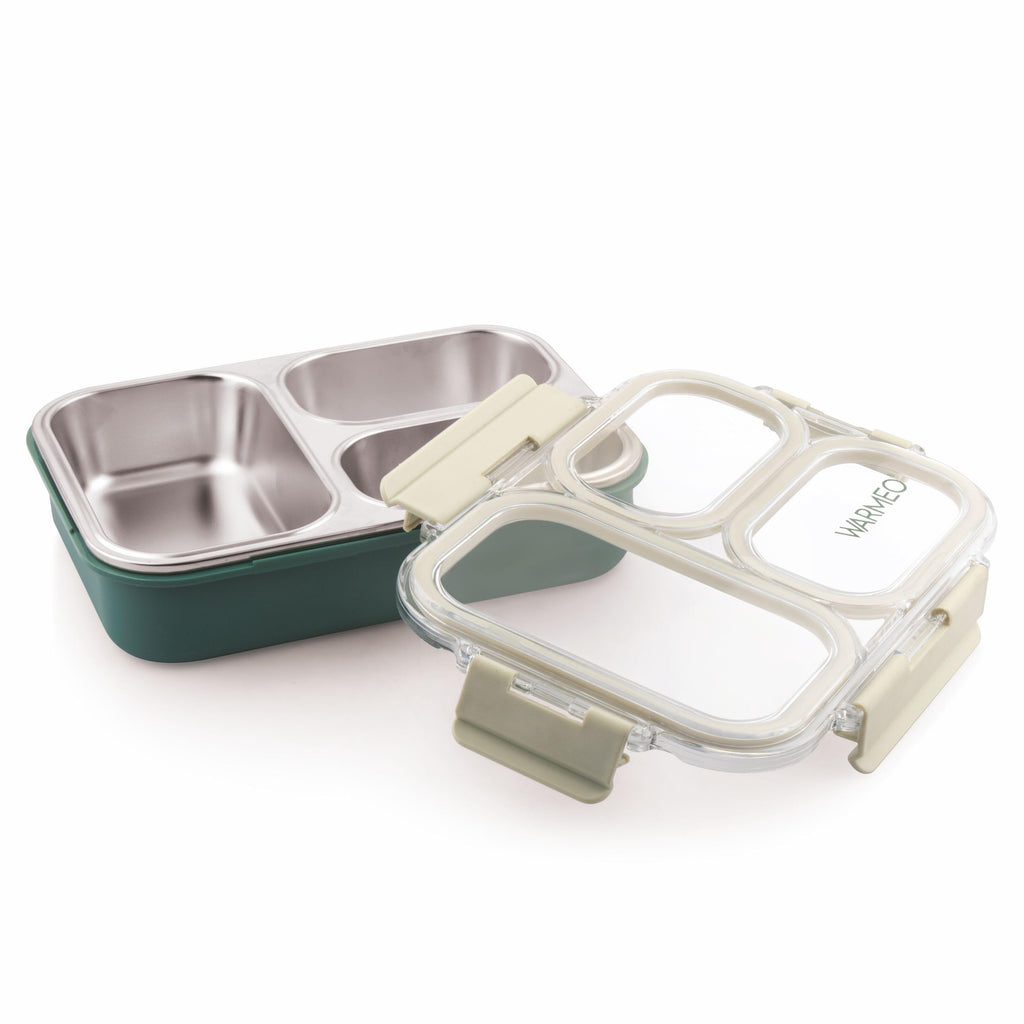 WARMEO BENTO Microwave-Safe Stainless Steel Lunchbox with 3 compartments,bpa Free,Perfect for Office, School, Travelling, 750ml-Green