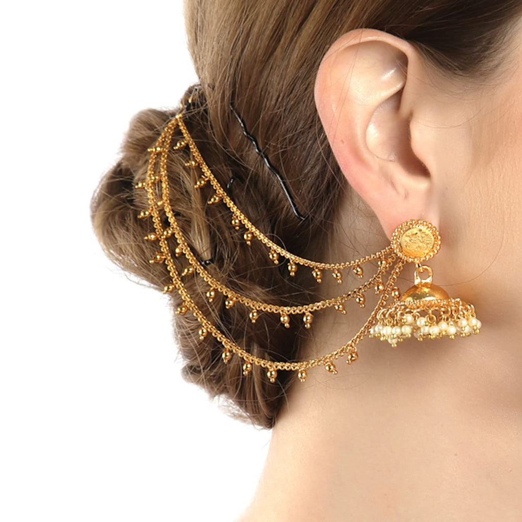 ZENEME Traditional Brass 18 K Gold Plated Wedding Jewellery Bahubali Inspired Long Chain Jhumki Earrings for Women and Girl (Design 4)