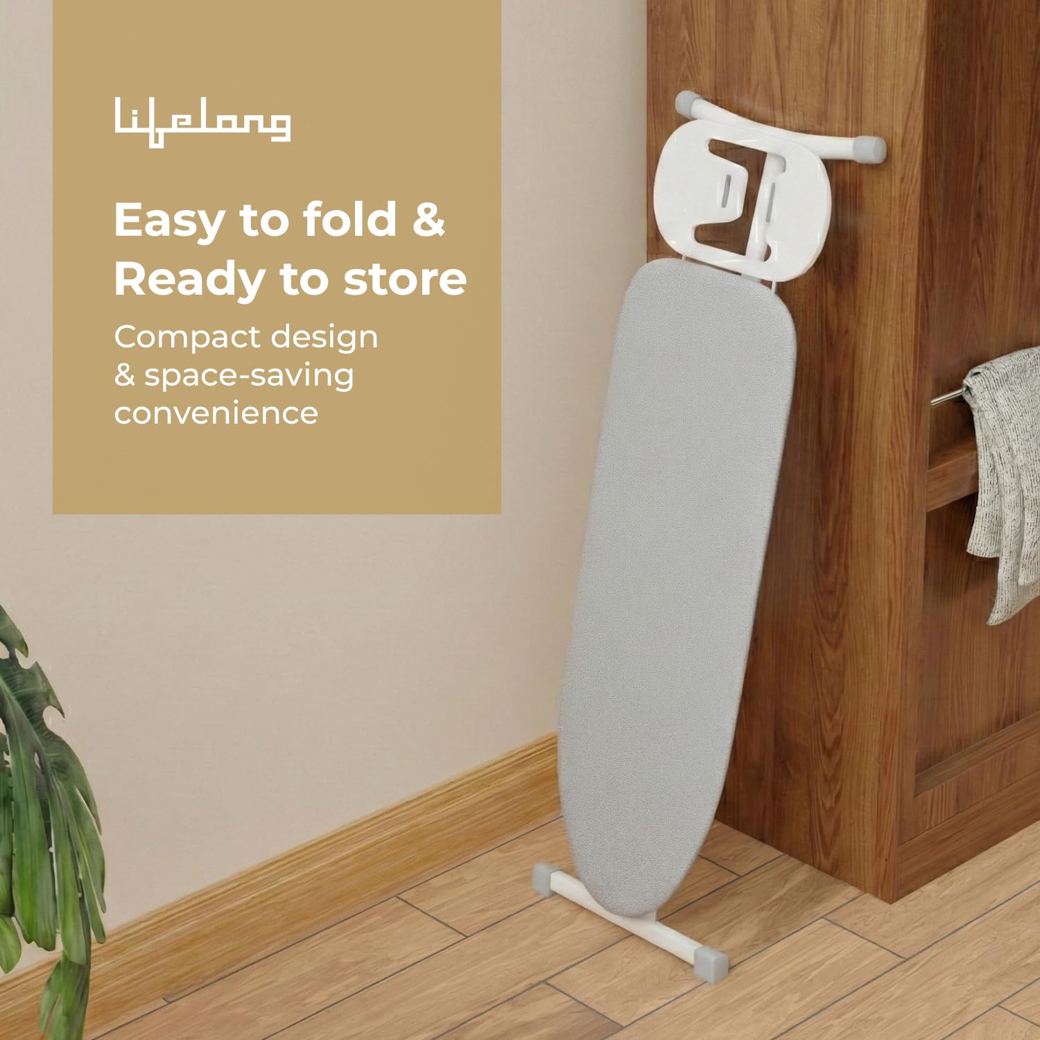 Lifelong Foldable Ironing Board with Silver Heat-Resistant Cover|Heavy-Duty & Sturdy Iron Board with Iron Stand|Adjustable Height, Non-Slip Legs,Portable & Space Saving Design for Easy Ironing at Home