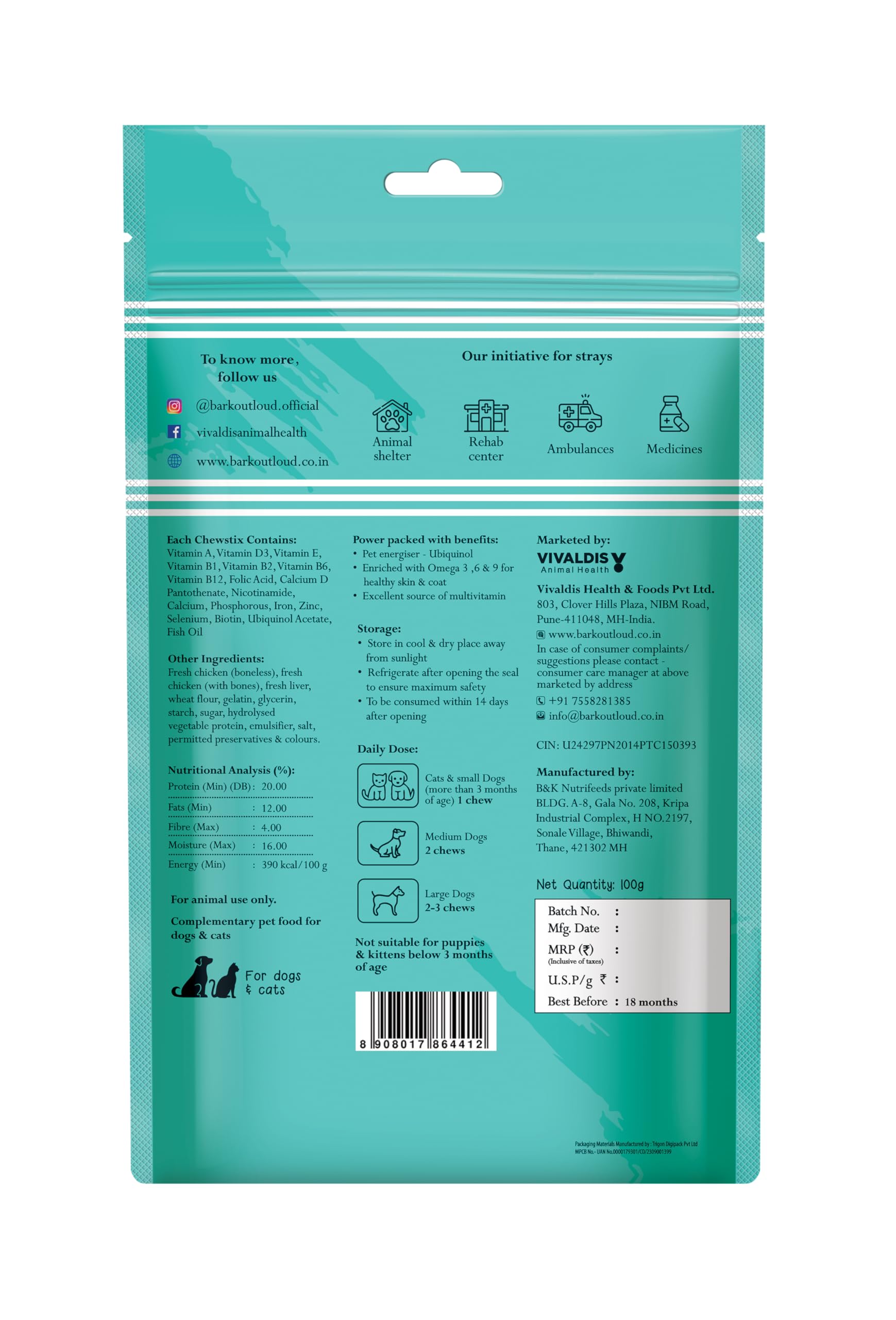 BARK OUT LOUD - Multivitamin Dog Treats, Fresh Chicken Immunity Chewstix with Omega & Zinc to Boost Health & Vitality for Dogs & Cats of All Life Stages - 100g (Pack of 1)