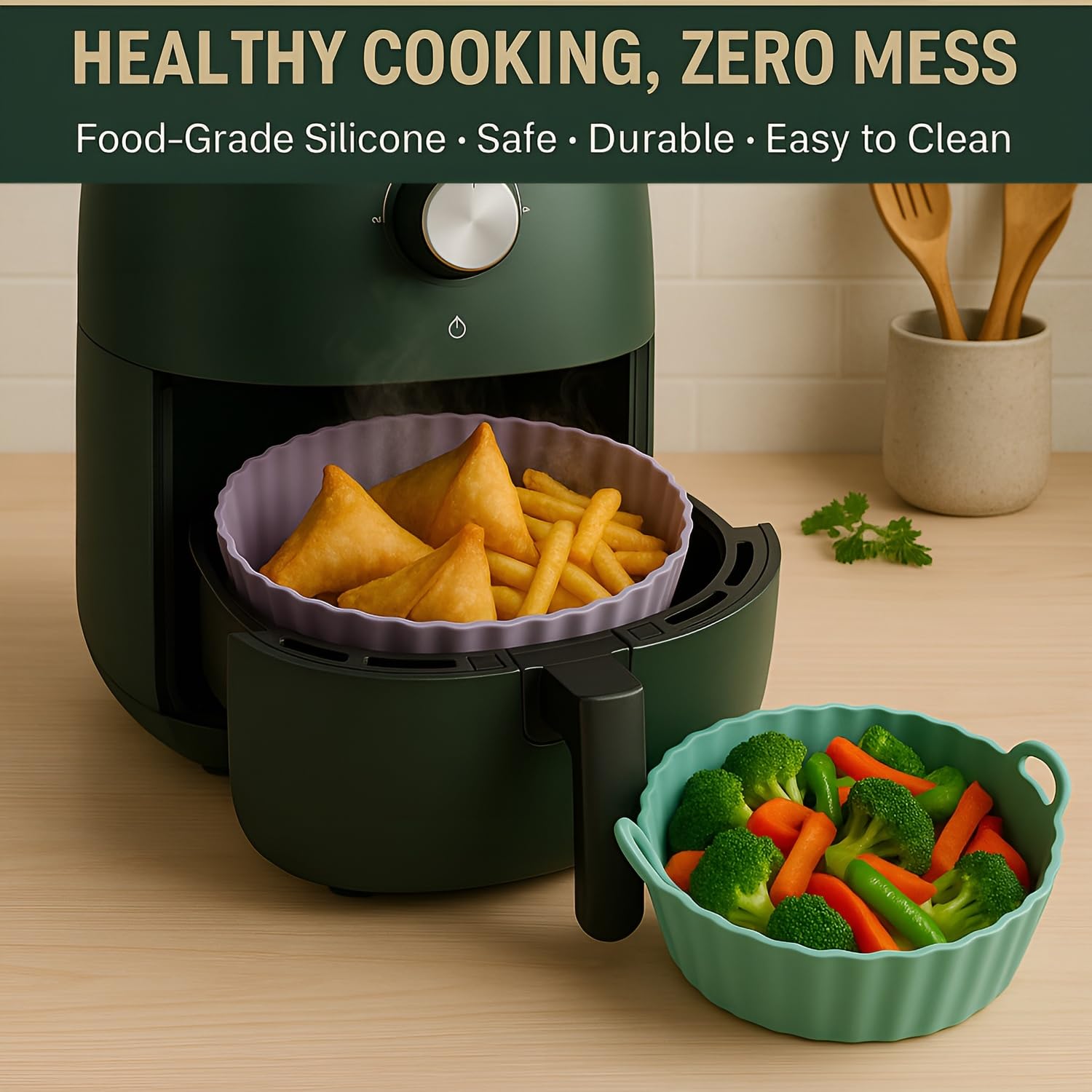 DALUCI Air Fryer Liners Silicone Reusable Tray No Mess Easy Clean Basket Liner with Handles - Round (8 Inch, Pack of 2)