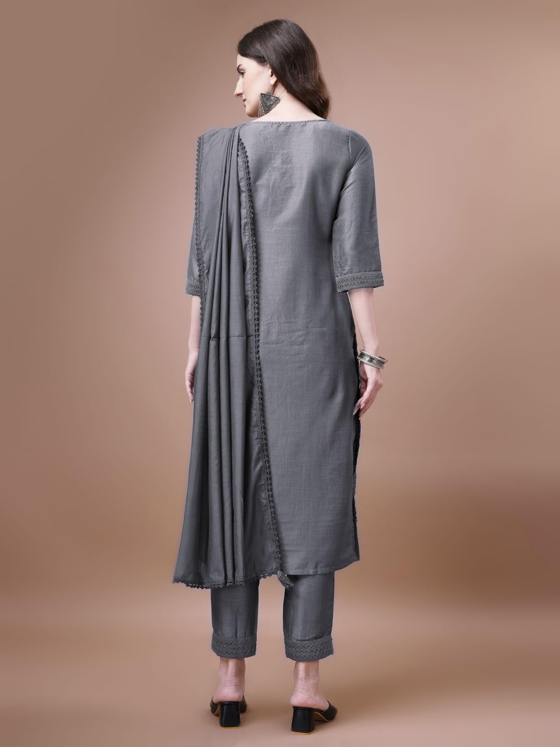 SHOPPING QUEEN Women's Silk Chikankari Kurta Pant with Dupatta (A526_Dim Grey_M)