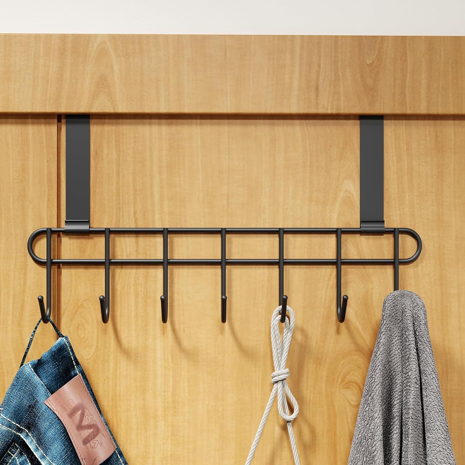 Crasts Over The Door Hook Hanger, Hanging Organizer Rack Steel Door Hook Hanger Wall Hook Rack (7 Hooks) Black