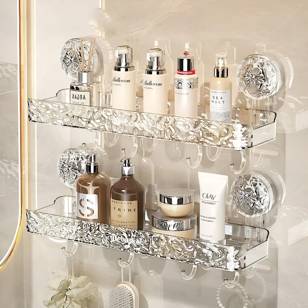 ZOCKRIX Wall Mounted Bathroom Storage Rack with Suction Cups – Double Shelf with Hooks – Transparent & Patterned Front Design (2)