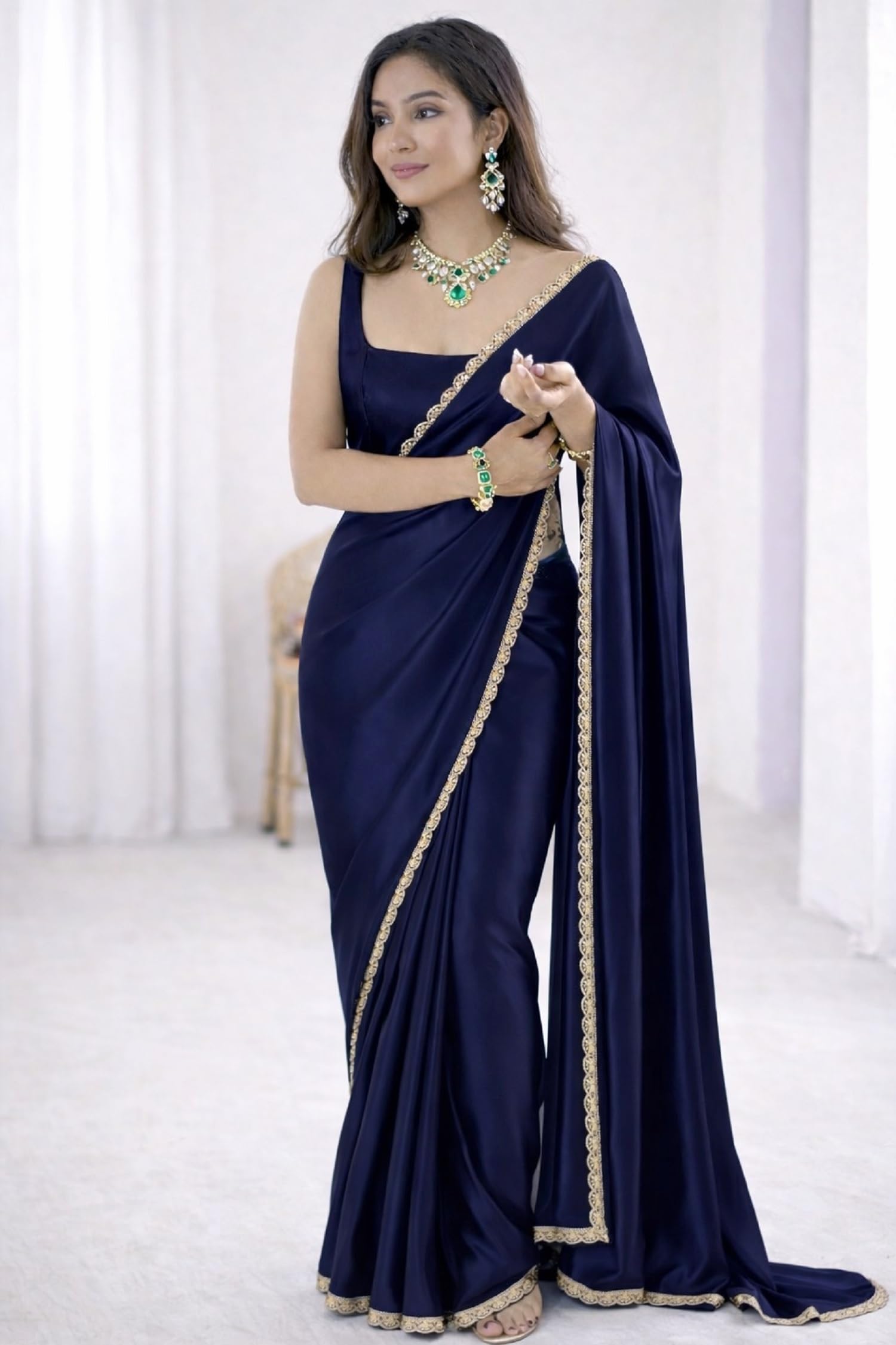 SATAZ Ready To Wear Saree For Women Pre Pleated Satin Silk Readymade With Unstitched Blouse (Navy Blue)