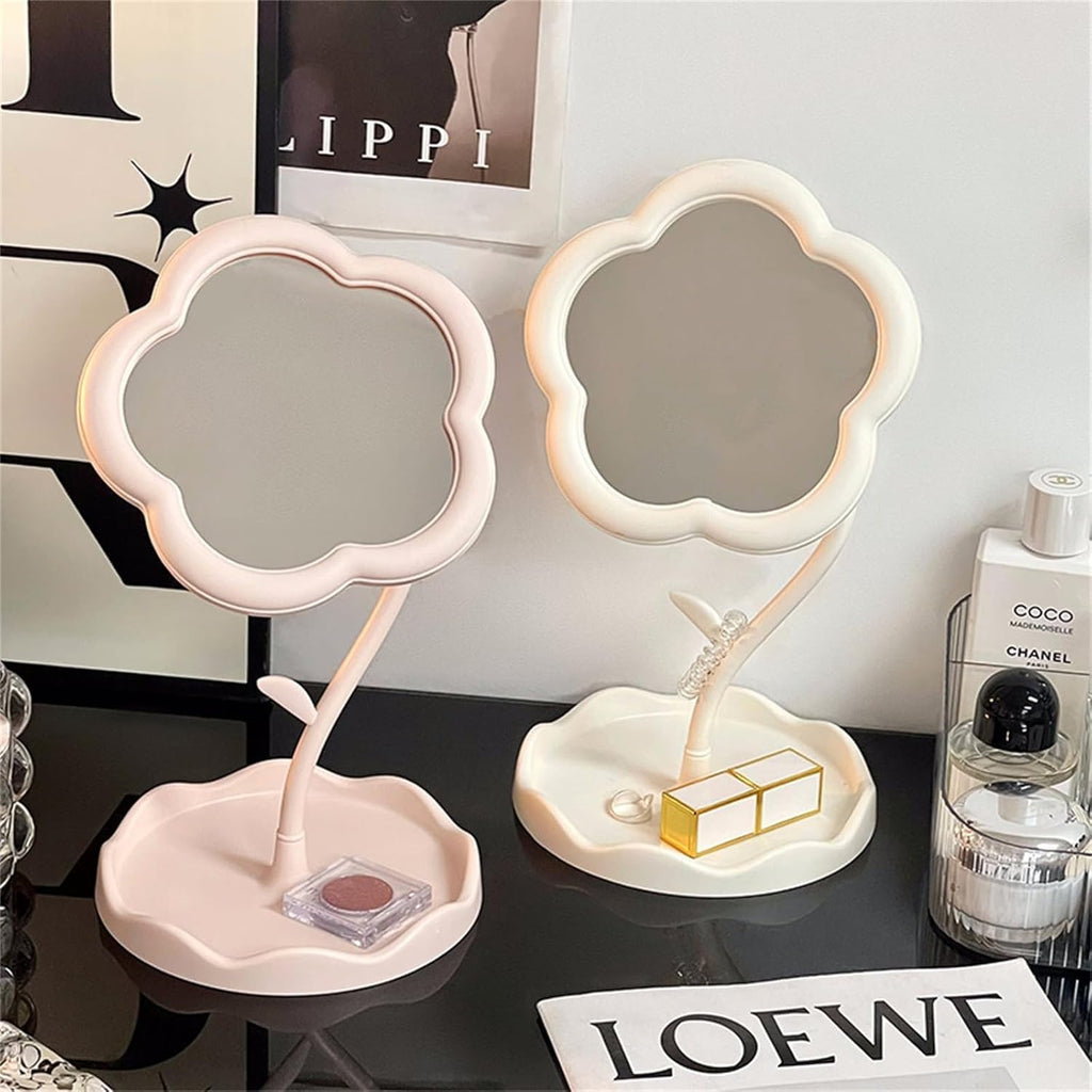 CALFHEAD Flower-Shaped Makeup Mirror, Rotatable Makeup Mirror with Tray Table Vanity Mirror Cute Flower-Shaped Mirror for Tabletop, Bedroom, Bathroom, Living Room(29L*16W)