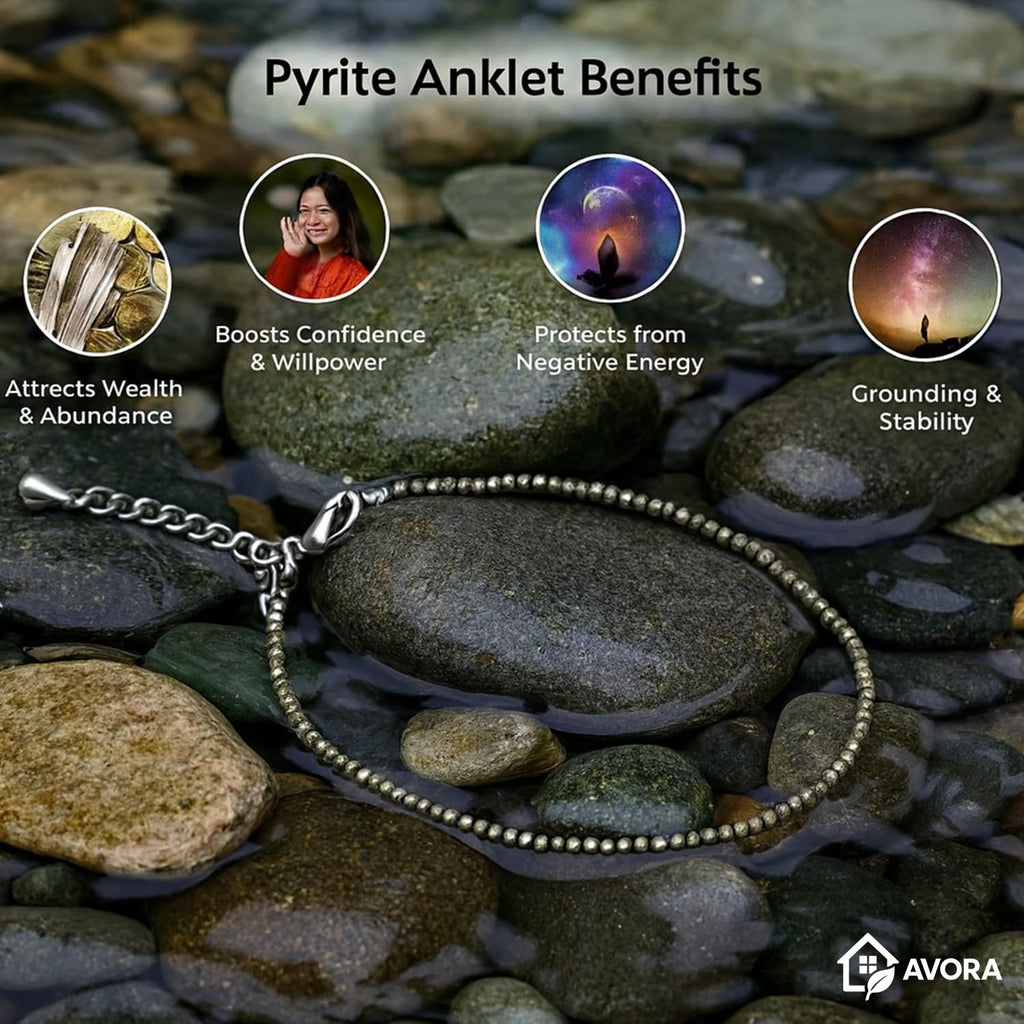 AVORA Raw Pyrite Anklet for Women | Natural Stone Jewellery for Wealth, Luck & Protection | Certified Crystal | Spiritual Healing Jewellery Gift for Girls & Women | Adjustable Payal Bracelet