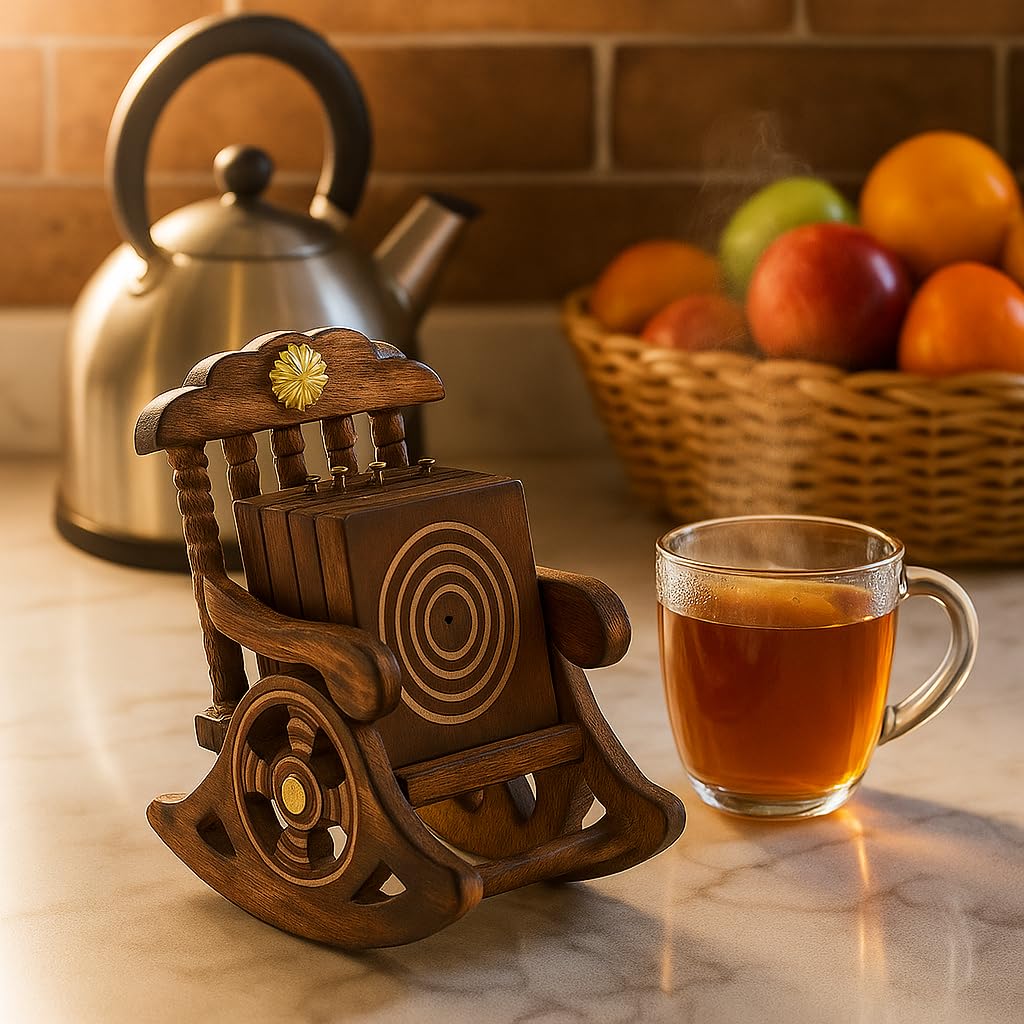 Kundi Wooden Antique Miniature Chair Shape Coaster Set | 6 Drink Coasters for Tea, Coffee, Hot & Cold Beverages | Tabletop Decor for Kitchen, Dining, Office & Restaurant
